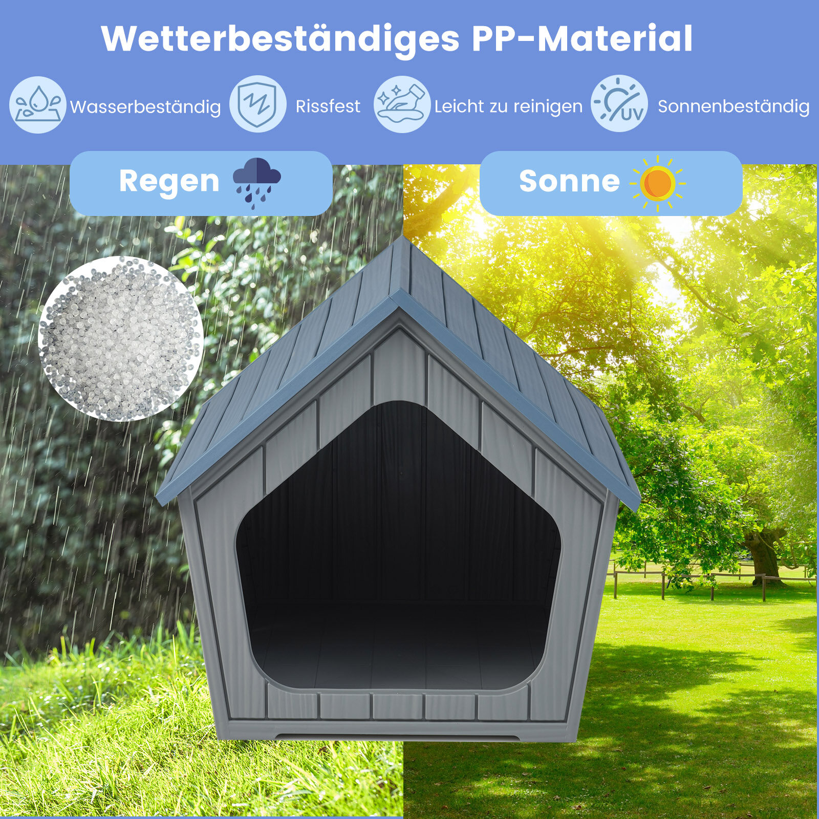 Ilmastikukindel plastmassist kassimaja ventilatsiooniavade ja kaldus katusega lemmiklooma kaitsva kutsikapuuriga