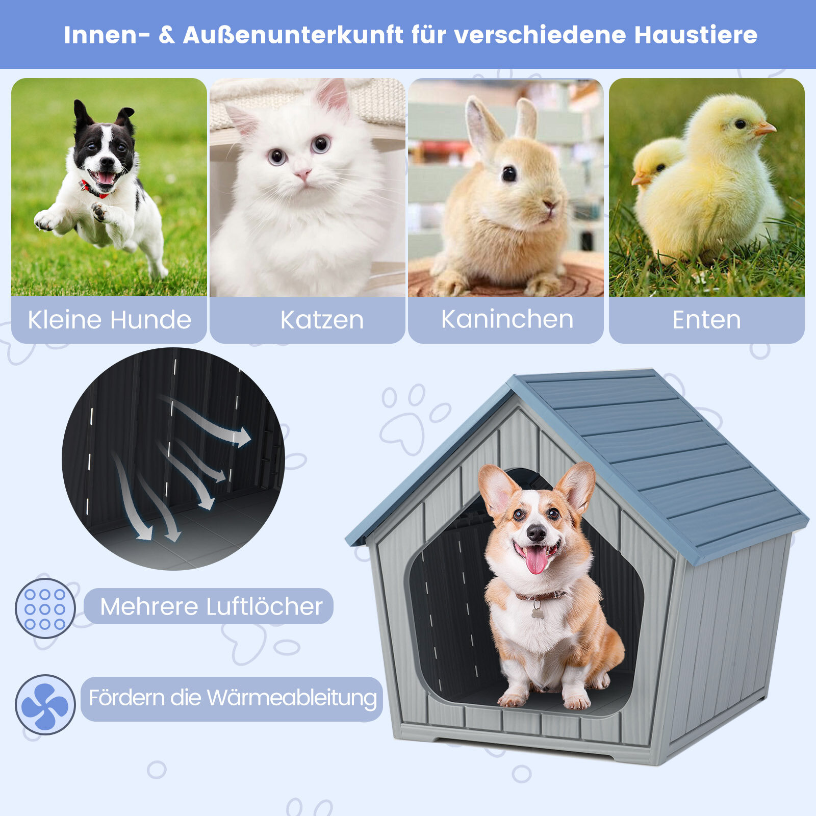 Ilmastikukindel plastmassist kassimaja ventilatsiooniavade ja kaldus katusega lemmiklooma kaitsva kutsikapuuriga