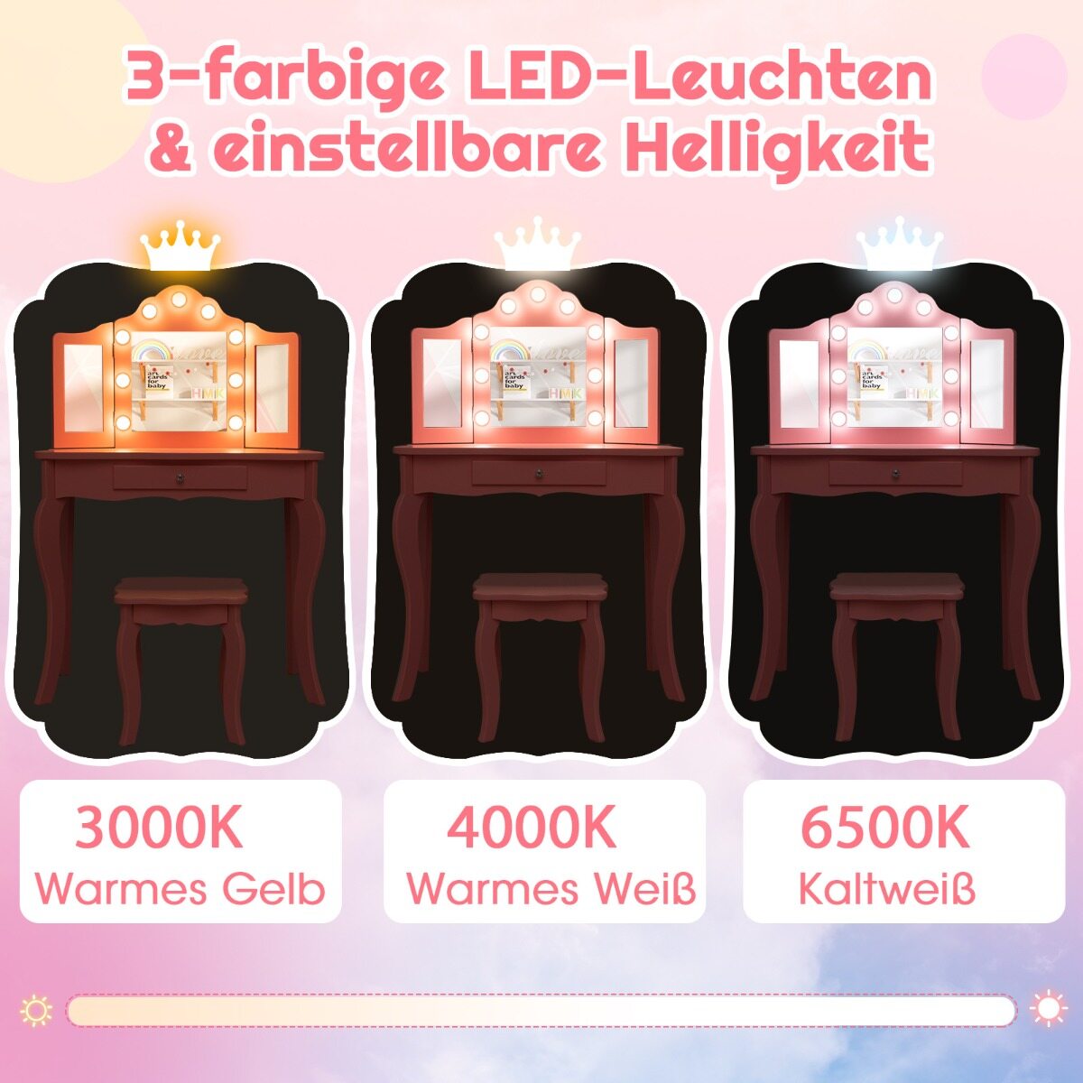 2-ühes laste tualettlaud LED-tulede, kokkupandava peegli ja sahtlitega, valge