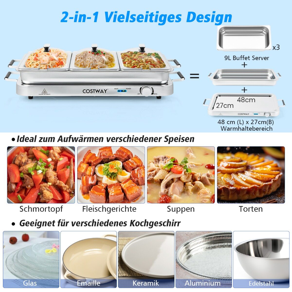 3-ühes elektriline soojendusnõu temperatuuri regulaatoriga kuni 150 ℃ 450 W toidusoojendaja 9 l