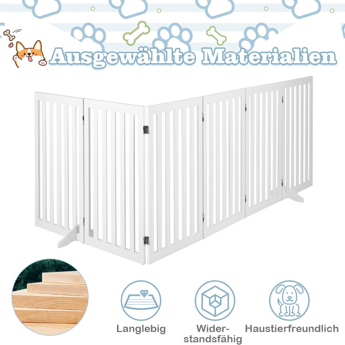 Koeratõkkevärav, 89 cm kõrge, 4 paneeliga, puidust, kokkupandav, valge (6 paneeli)