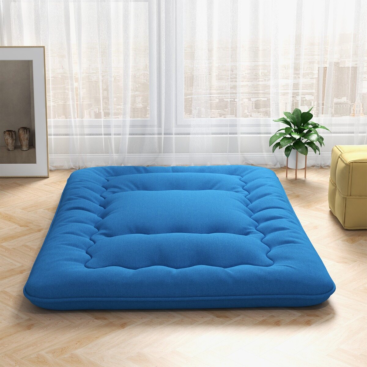 140 x 200 cm Jaapani futon madrats pestava kattega ja kandekotiga, sinine tatamimatt