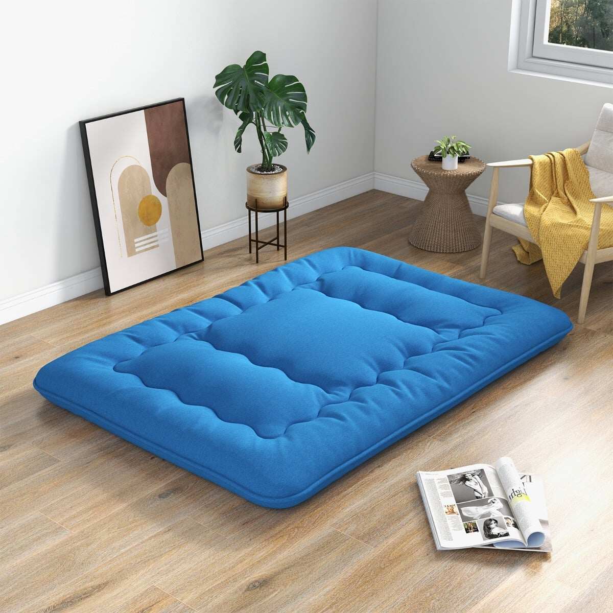 140 x 200 cm Jaapani futon madrats pestava kattega ja kandekotiga, sinine tatamimatt