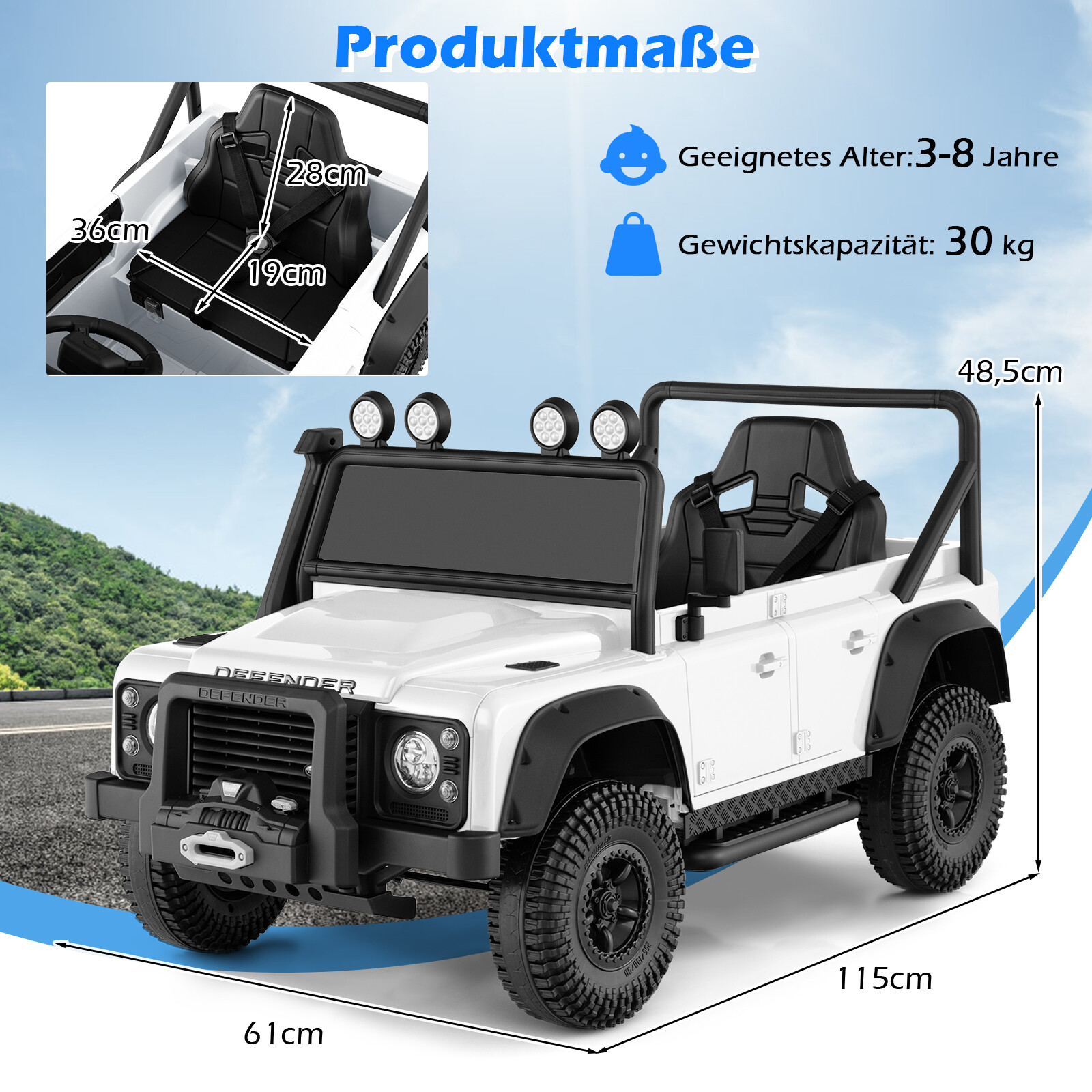 Land Rover Defender elektriauto lastele vanemate puldiga, valge