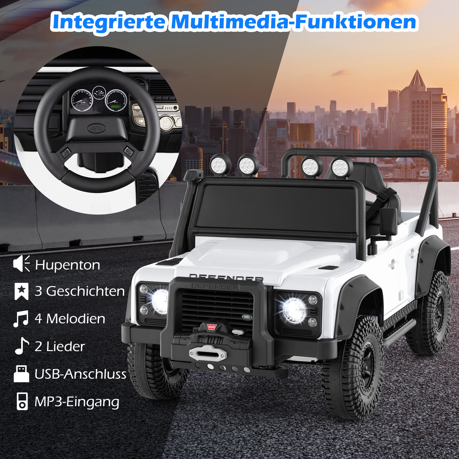 Land Rover Defender elektriauto lastele vanemate puldiga, valge