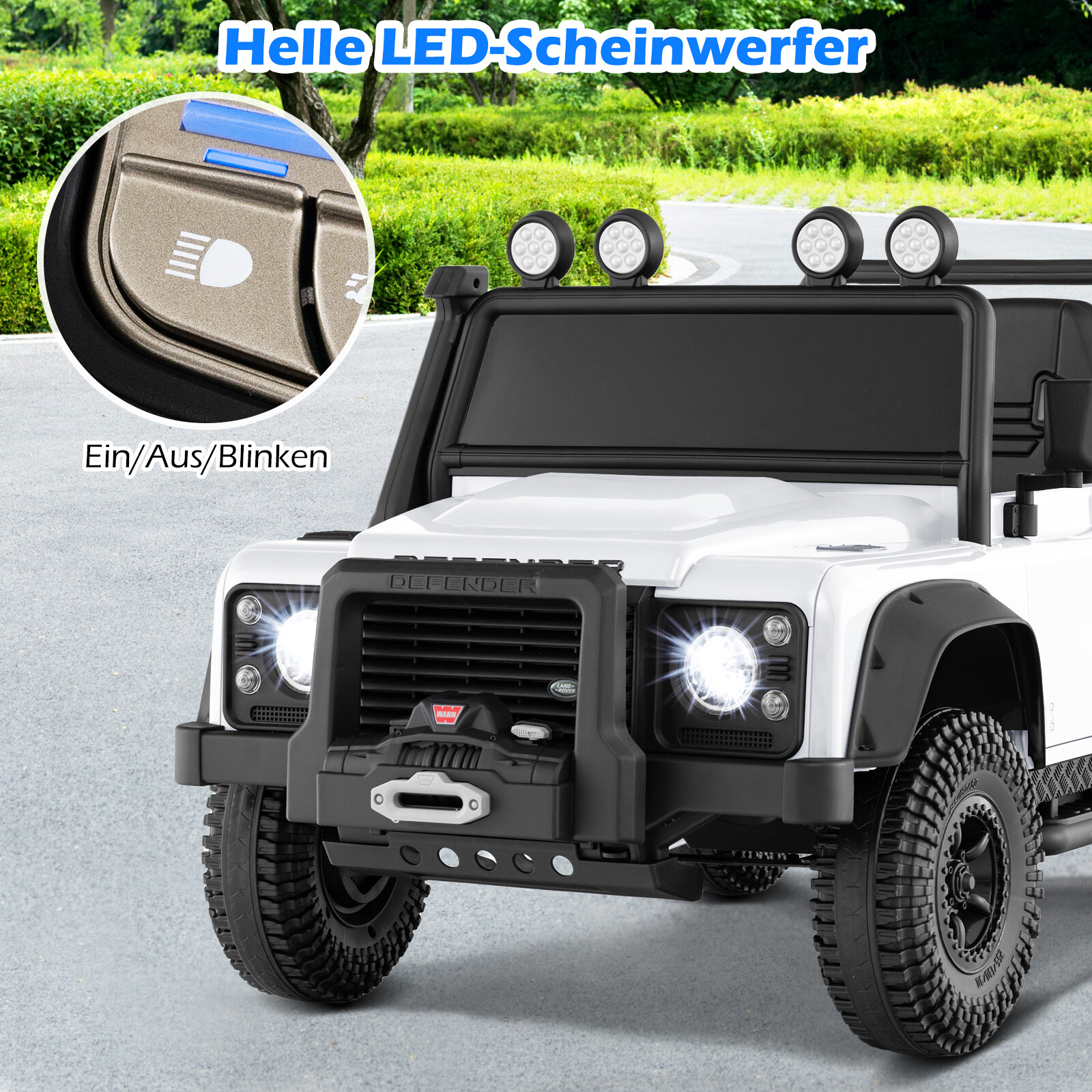 Land Rover Defender elektriauto lastele vanemate puldiga, valge