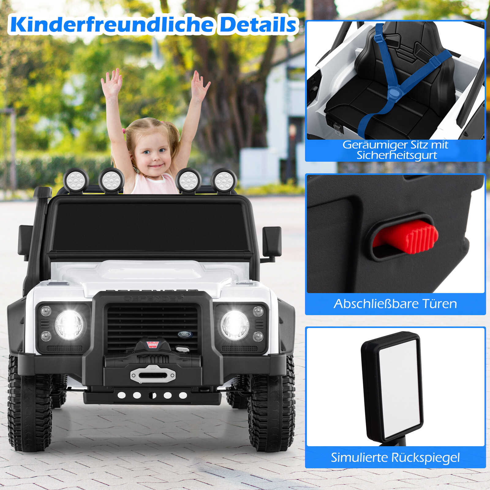 Land Rover Defender elektriauto lastele vanemate puldiga, valge