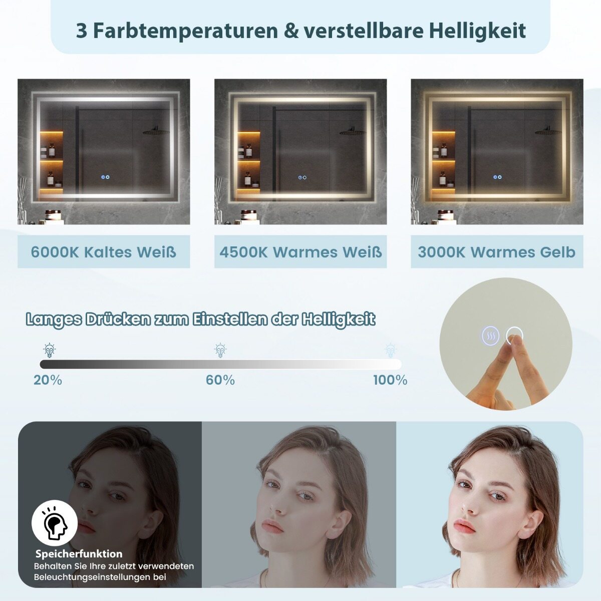 80x60cm LED vannitoapeegel 3-värvilise hämardatava puutetundliku lülitiga, ristkülikukujuline seinapeegel