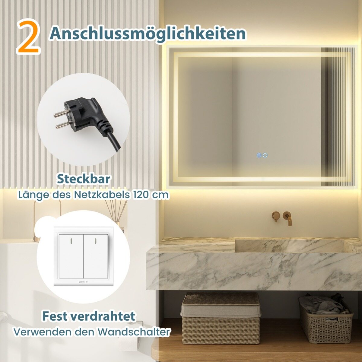 Dettaglio illuminazione e funzioni specchio LED