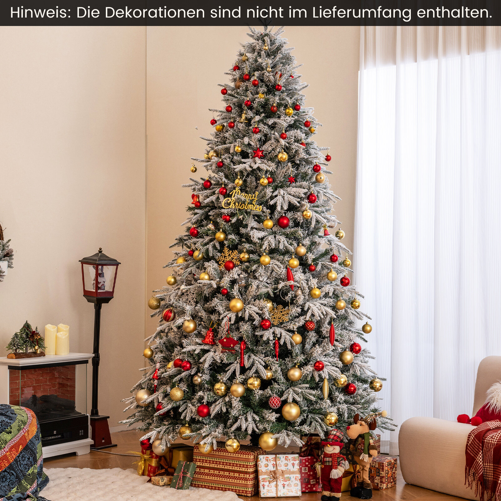 270 cm kunstkuusk tulede ja lumega, kuusk soojade valgete LED-tuledega