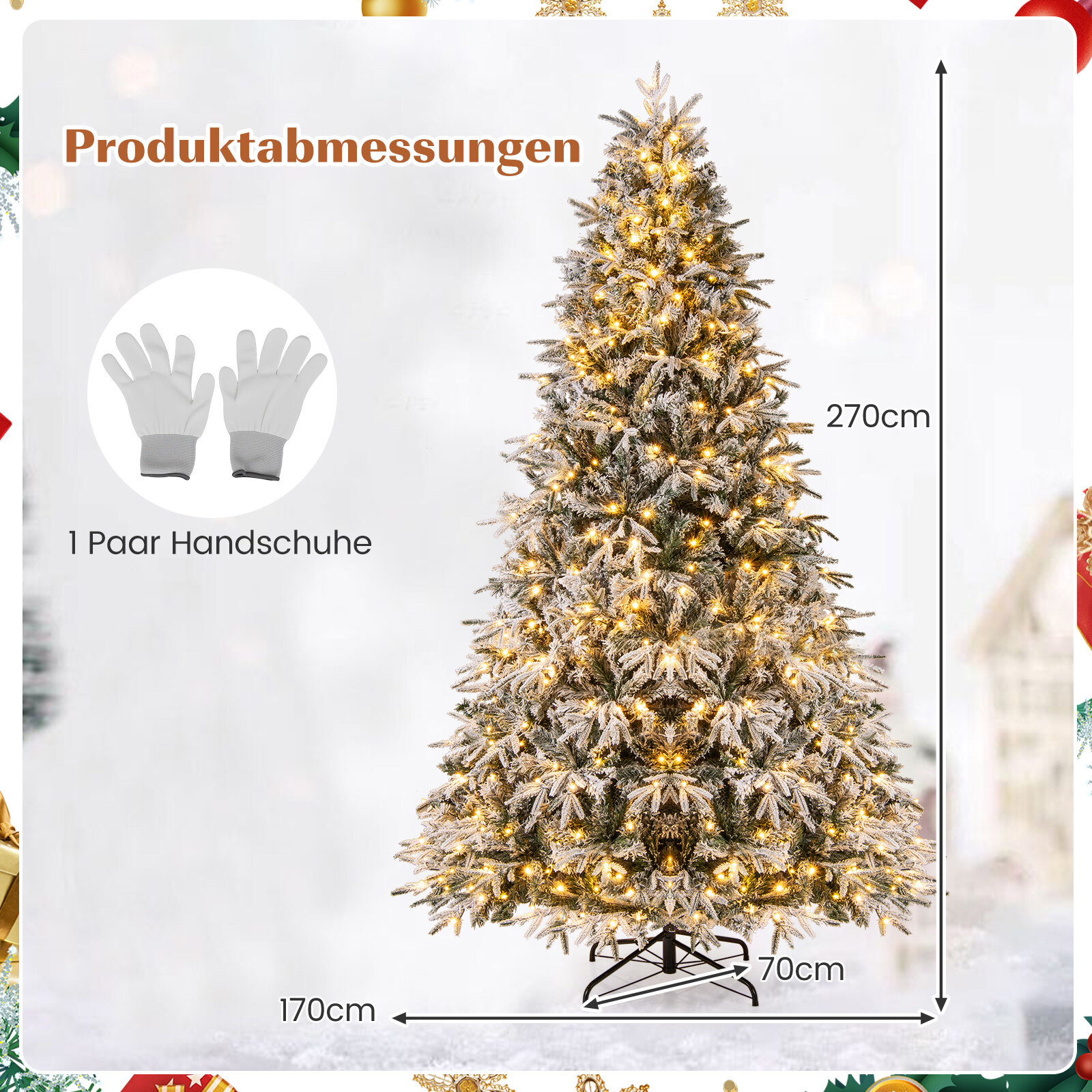 270 cm kunstkuusk tulede ja lumega, kuusk soojade valgete LED-tuledega