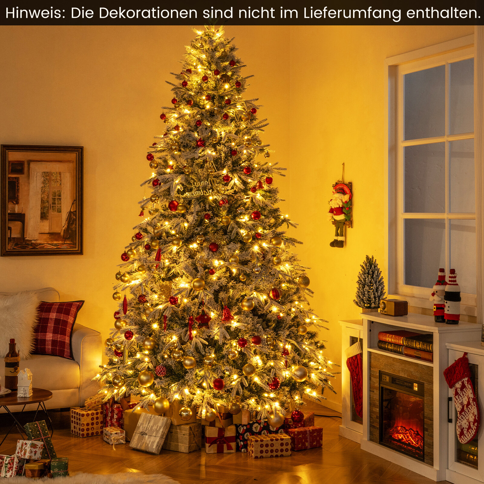 270 cm kunstkuusk tulede ja lumega, kuusk soojade valgete LED-tuledega