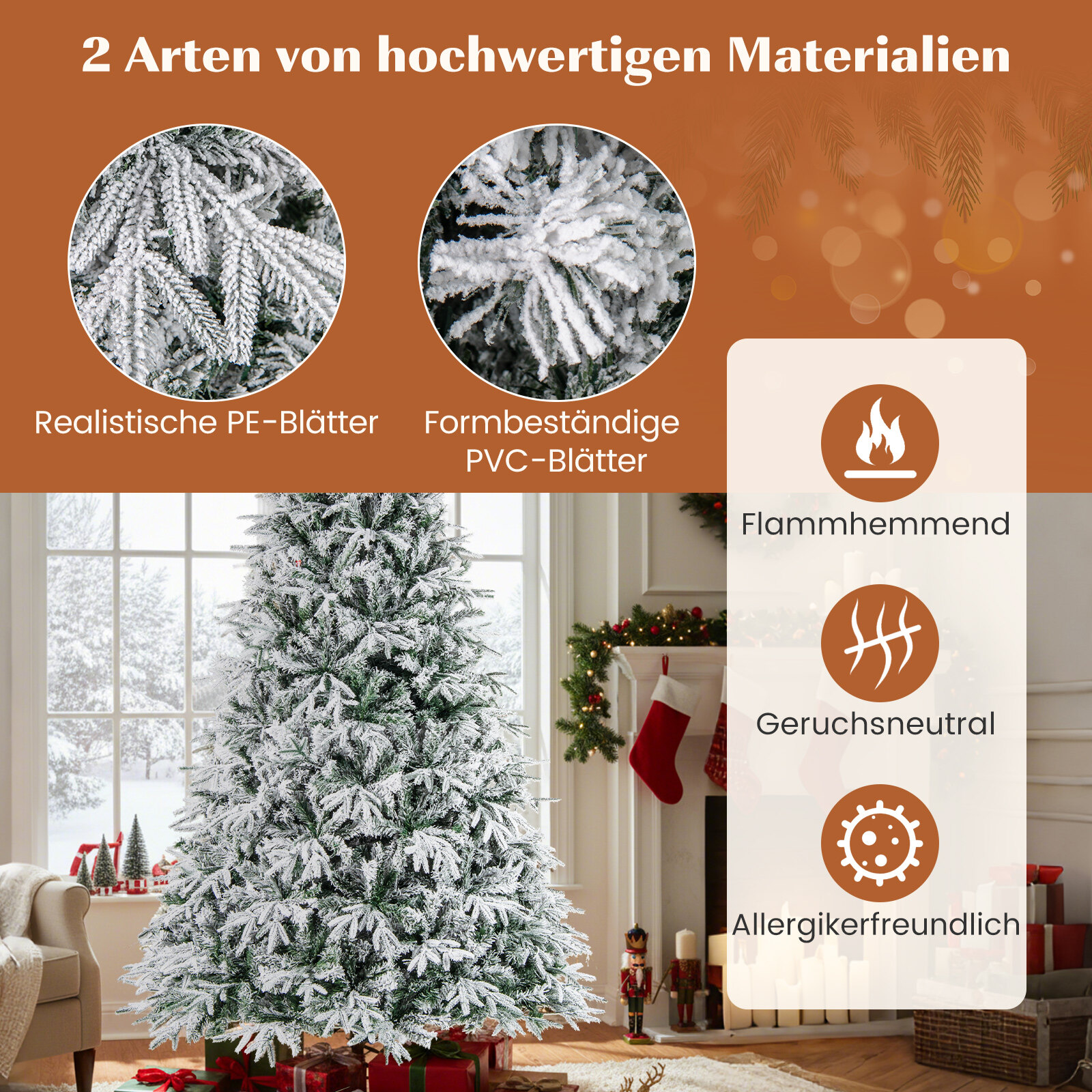 270 cm kunstkuusk tulede ja lumega, kuusk soojade valgete LED-tuledega