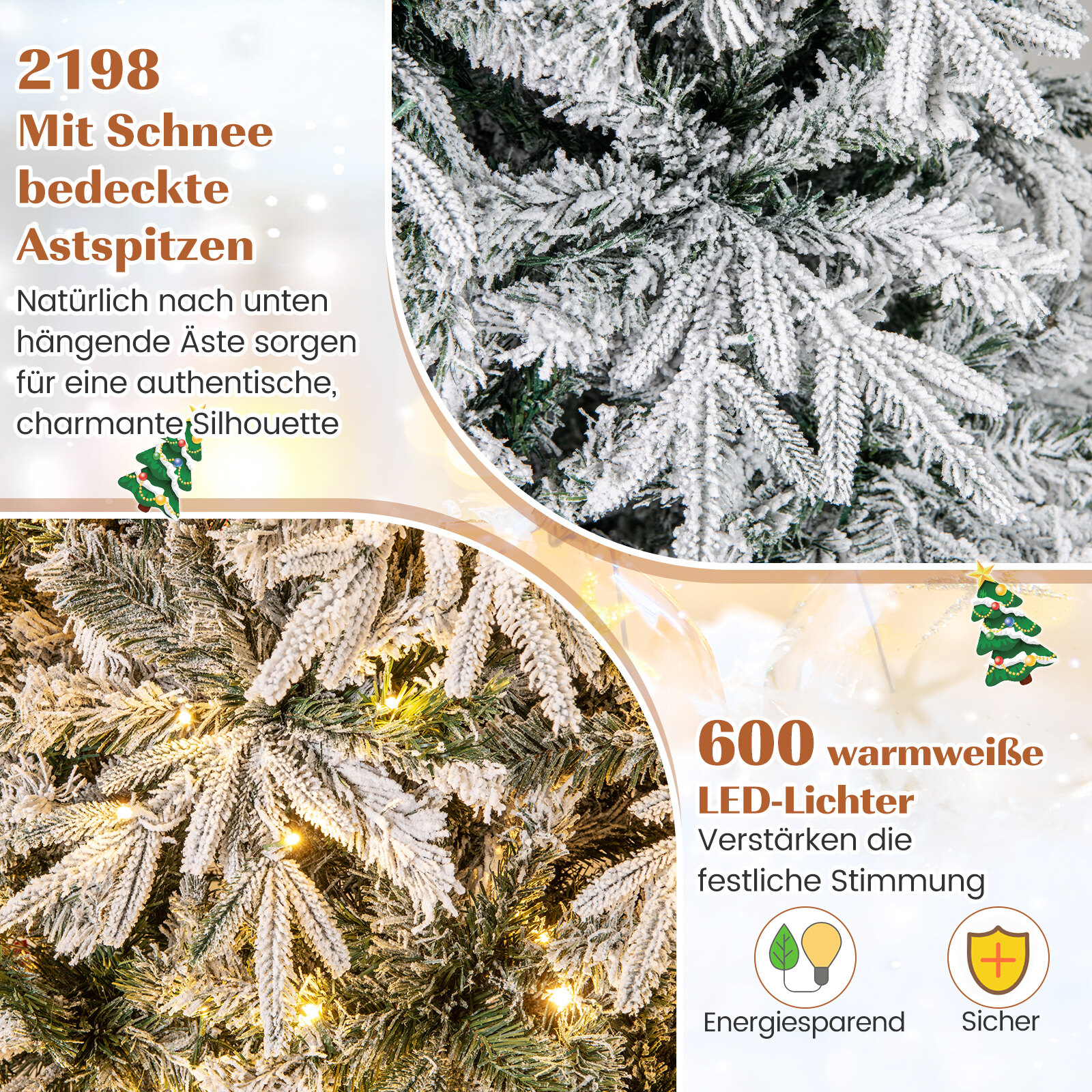 270 cm kunstkuusk tulede ja lumega, kuusk soojade valgete LED-tuledega
