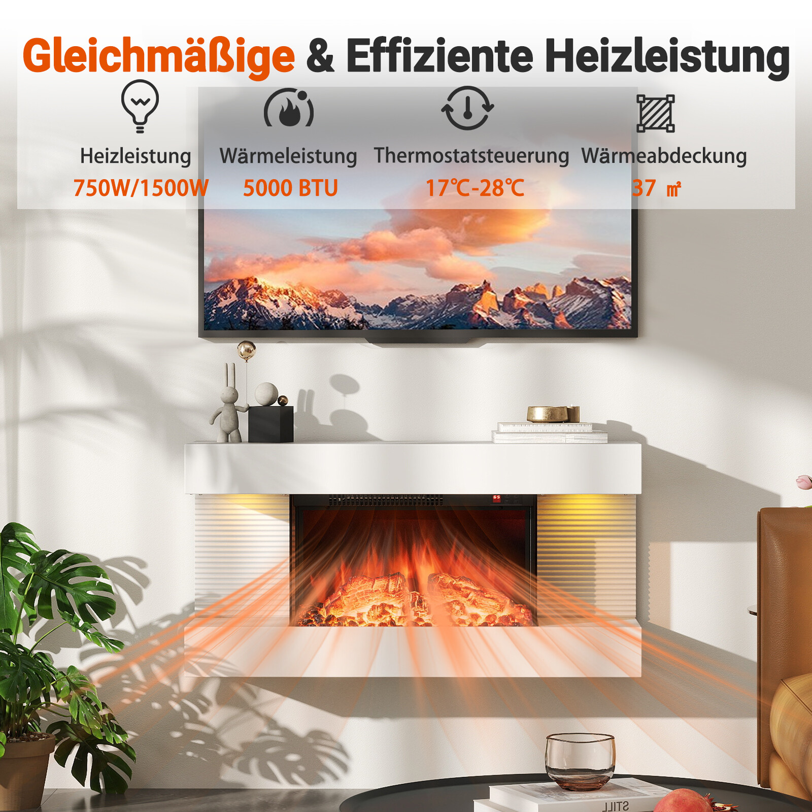 Elektriline kamin küttekeha ja LED-külgtuledega Ujuv seinakamin puldiga