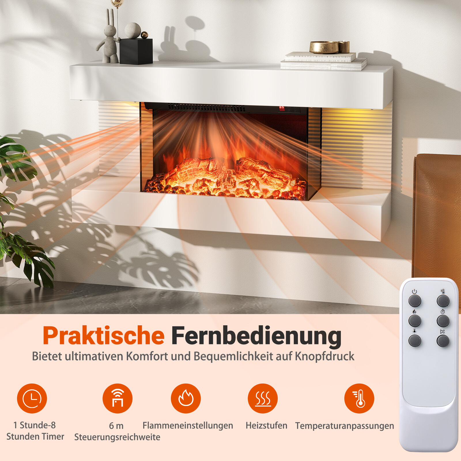 Elektriline kamin küttekeha ja LED-külgtuledega Ujuv seinakamin puldiga