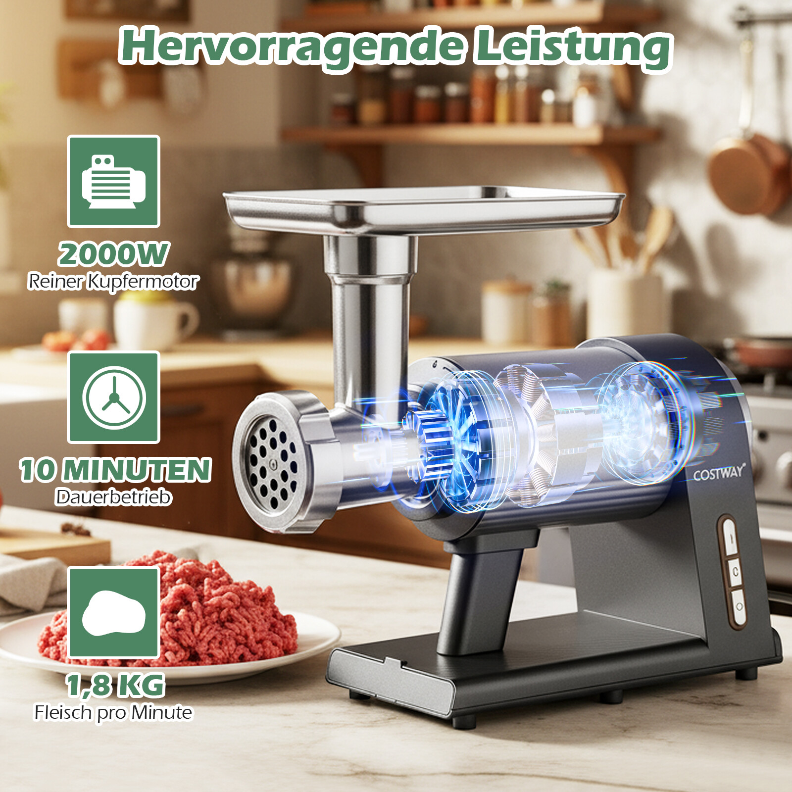 Elektriline hakklihamasin 2000 W, 3 vorstitäite toru, 3 perforeeritud ketta ja kibbeh-komplektiga, must