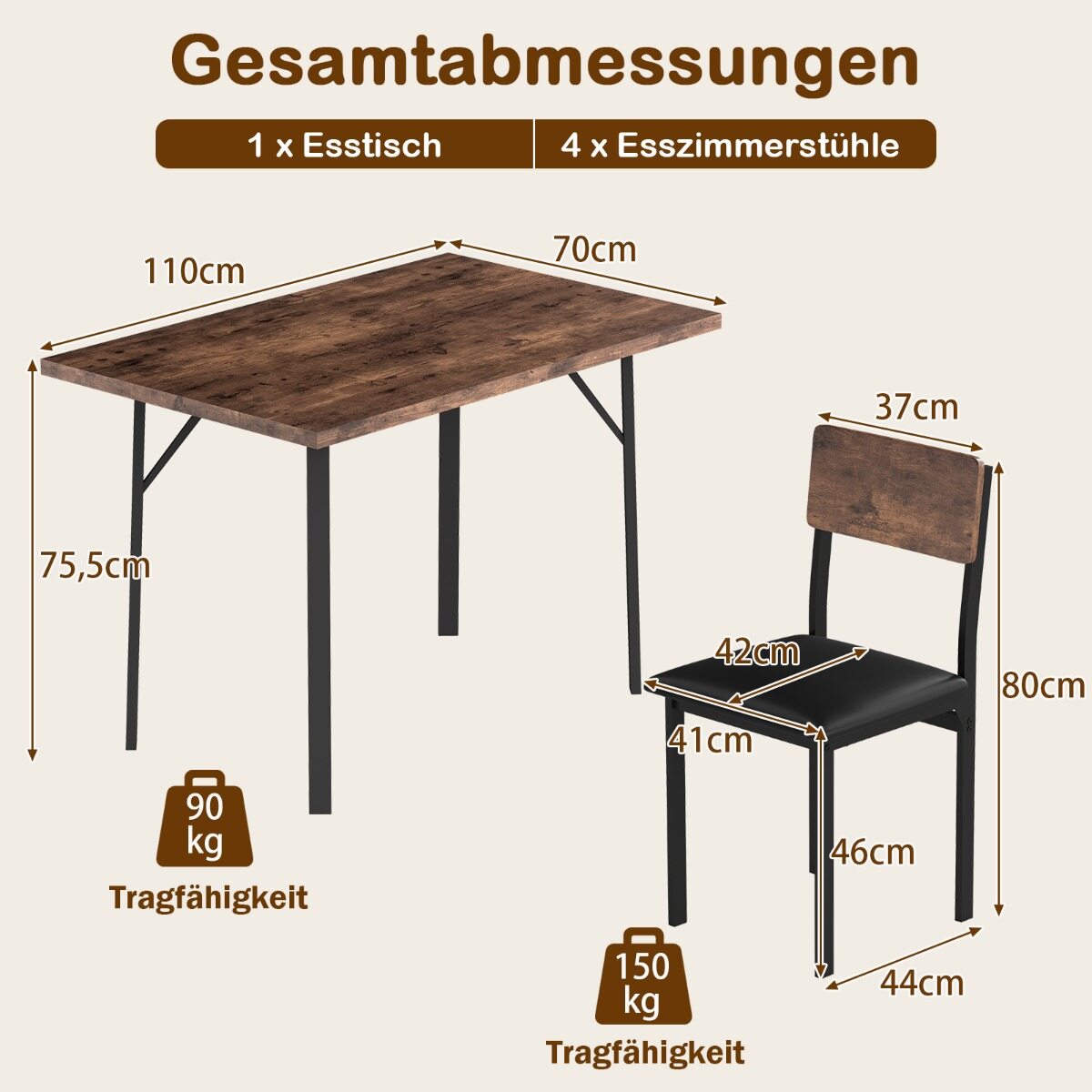 5-osaline söögitoa komplekt 4 inimesele: industriaalne köögilaud ja 4 kunstnahast polsterdatud tooli