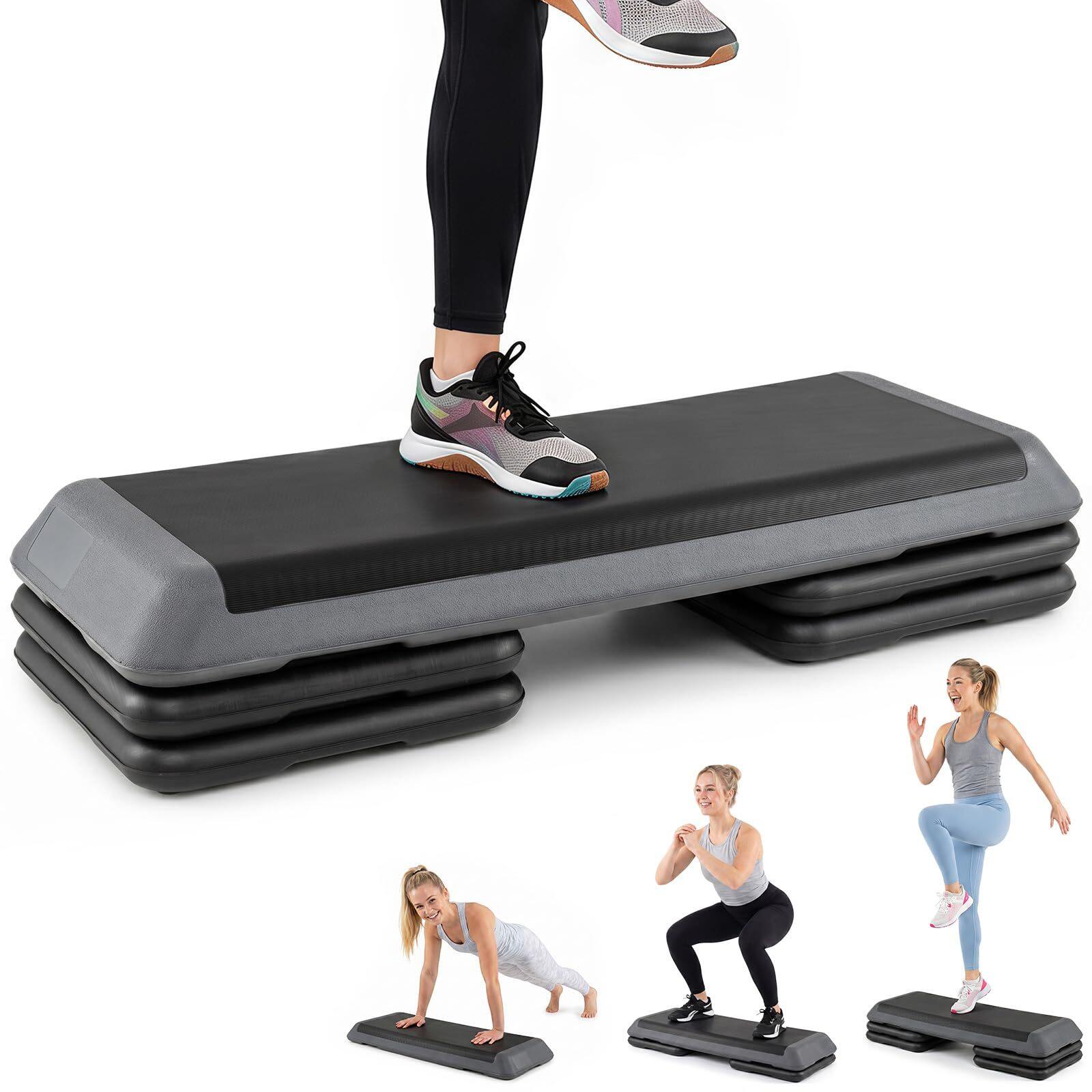 Aeroobne astmelaud, kõrguse reguleerimisega fitness-astmelaud 4 tugiplokiga, tekstuurne pind, hall