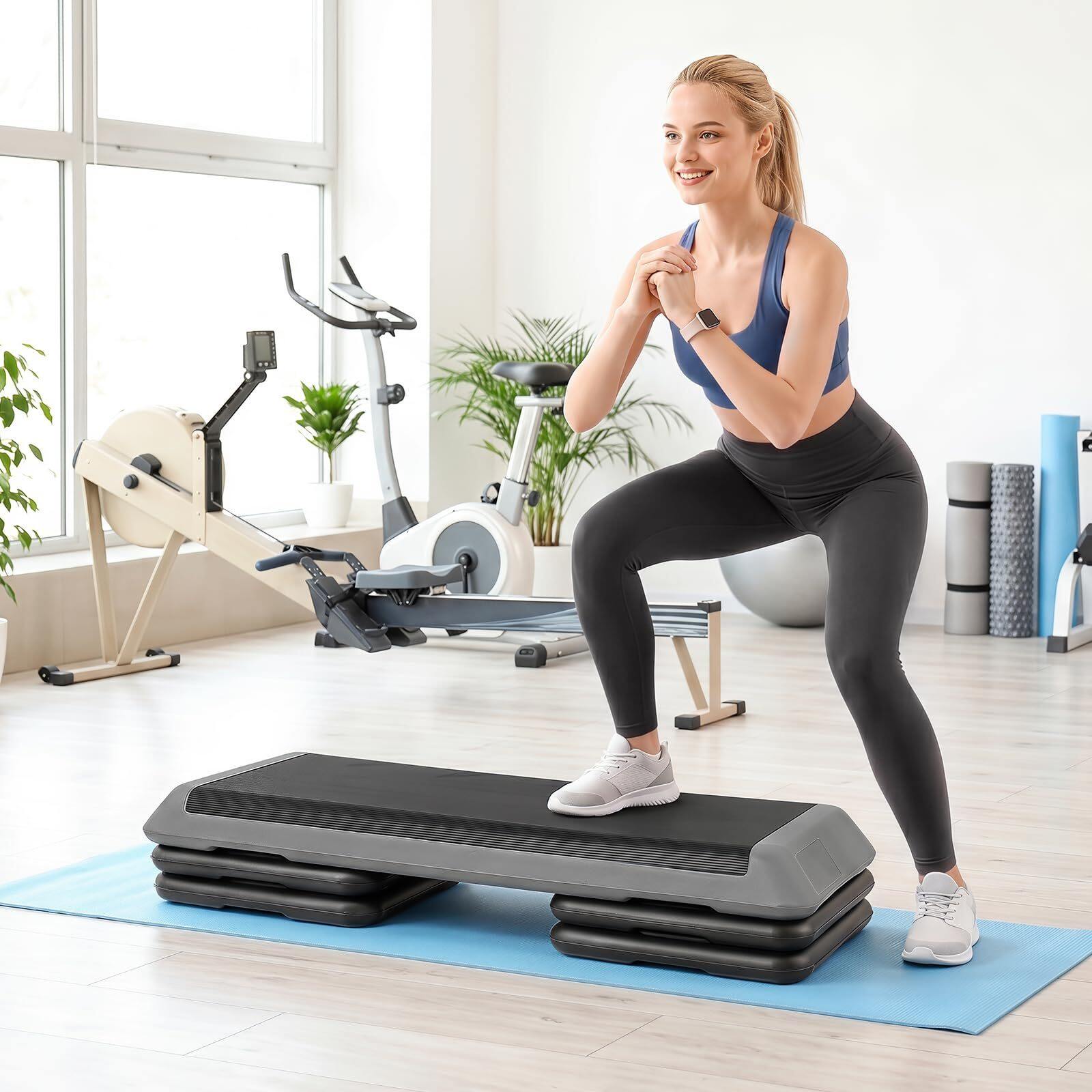 Aeroobne astmelaud, kõrguse reguleerimisega fitness-astmelaud 4 tugiplokiga, tekstuurne pind, hall