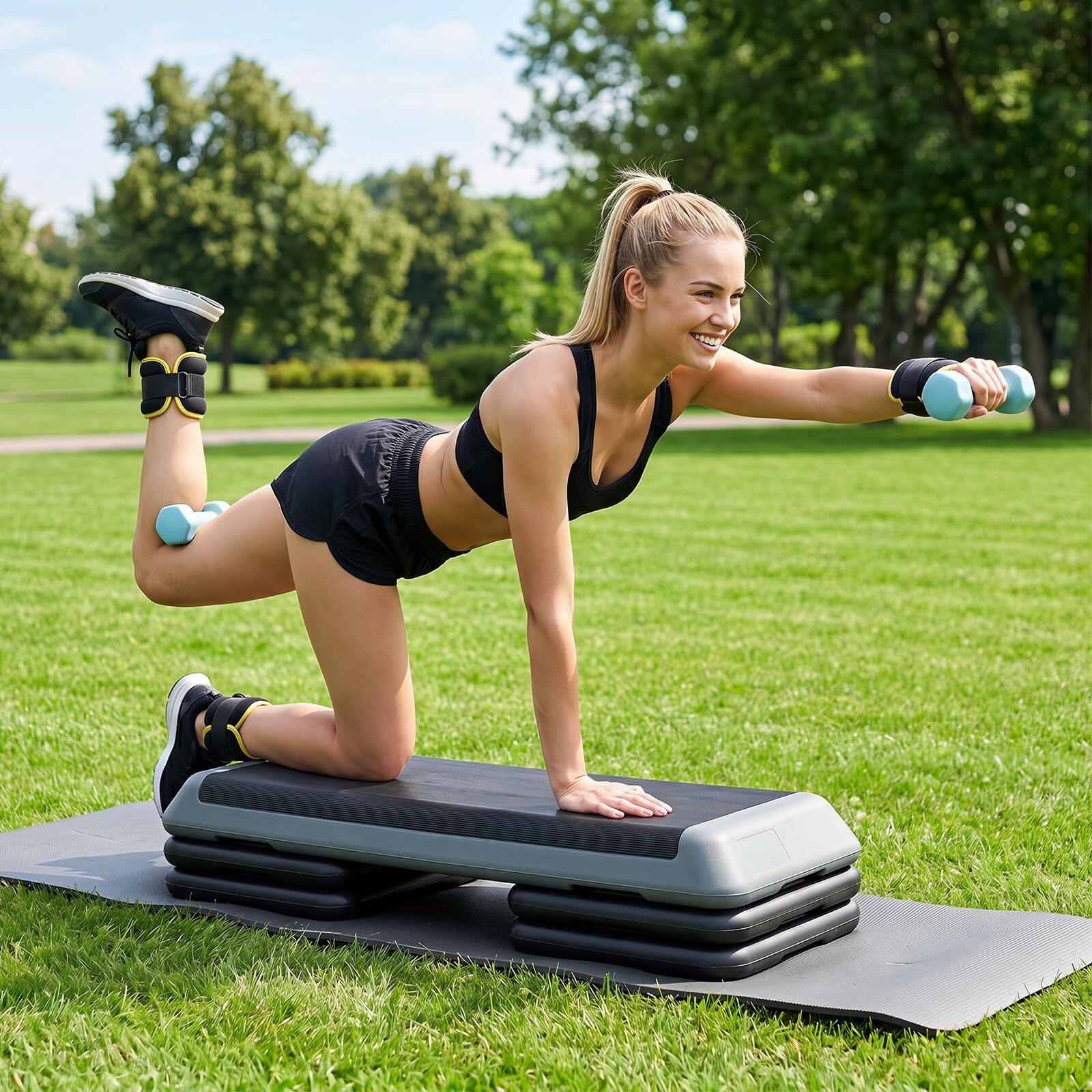 Aeroobne astmelaud, kõrguse reguleerimisega fitness-astmelaud 4 tugiplokiga, tekstuurne pind, hall