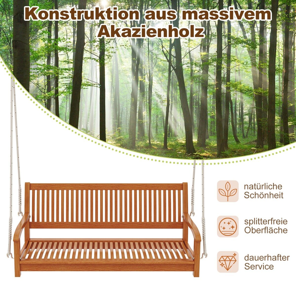 2-kohaline kiikpink kuni 360 kg kandevõimega. Akaatsiapuust verandakiik.