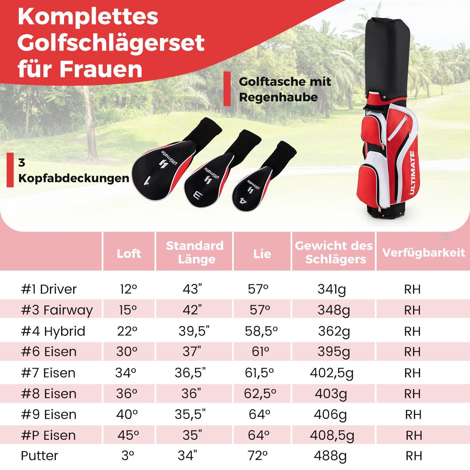 Täiskomplekt golfikeppide jaoks, paremakäelistele, naistele, punane golfikeppide komplekt kandekotiga