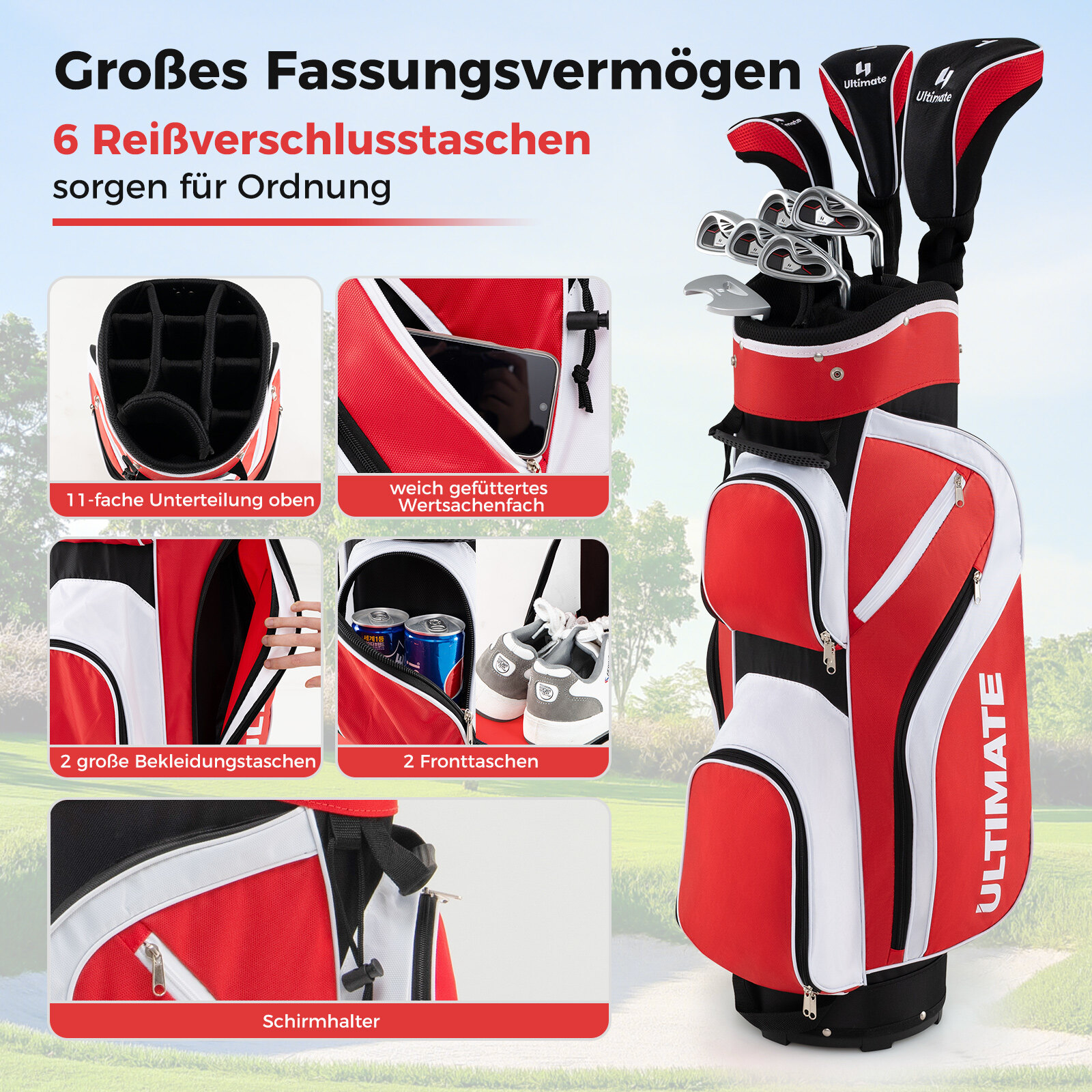 Täiskomplekt golfikeppide jaoks, paremakäelistele, naistele, punane golfikeppide komplekt kandekotiga