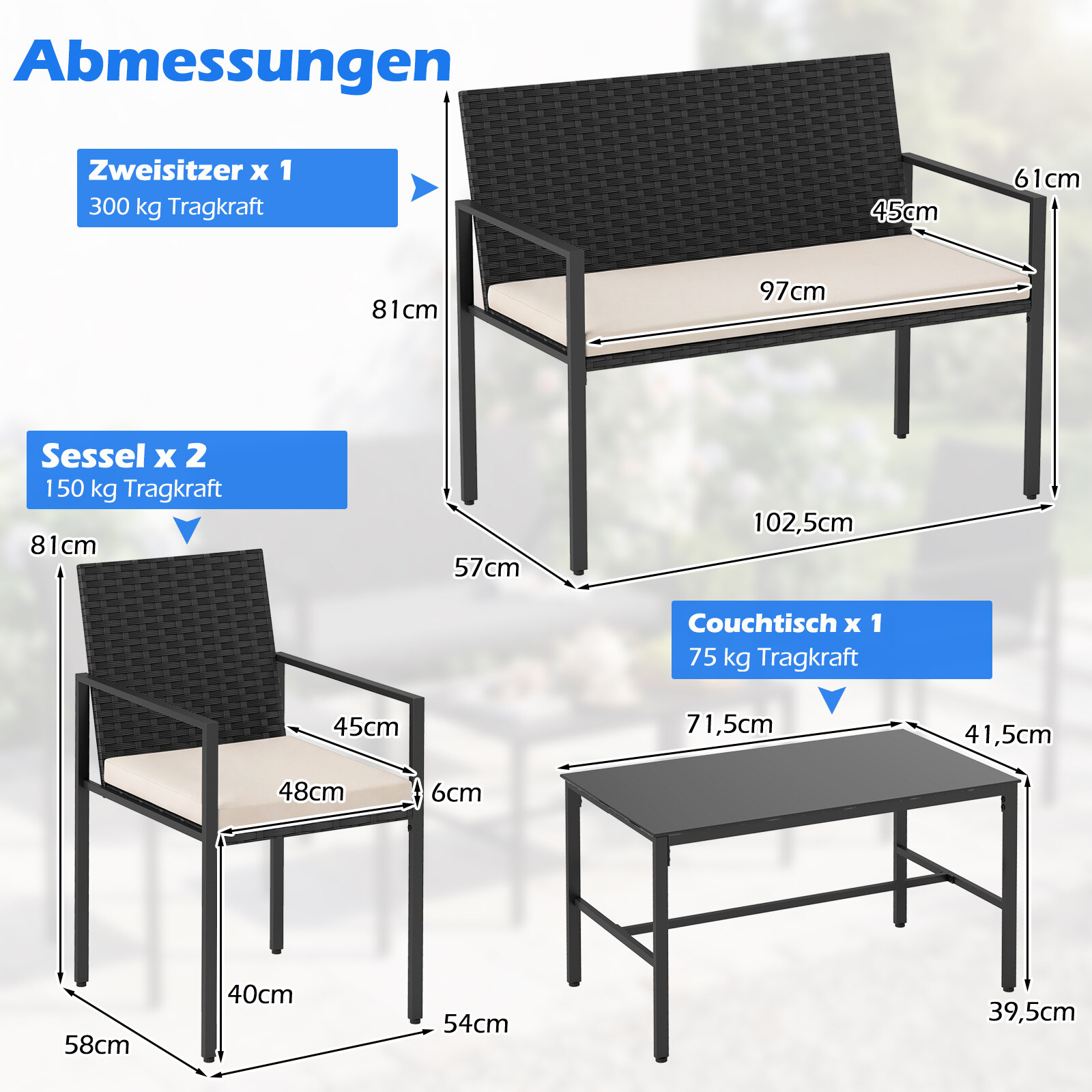 4-osaline aiamööblikomplekt, rotangist toolid ja diivan karastatud klaasist kohvilauaga, beež