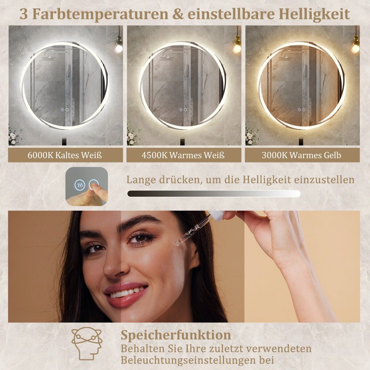 60x60cm vannitoapeegel 3 värvilise hämardatava tulega, puutetundliku lülitiga, uduvastane, LED-peegel