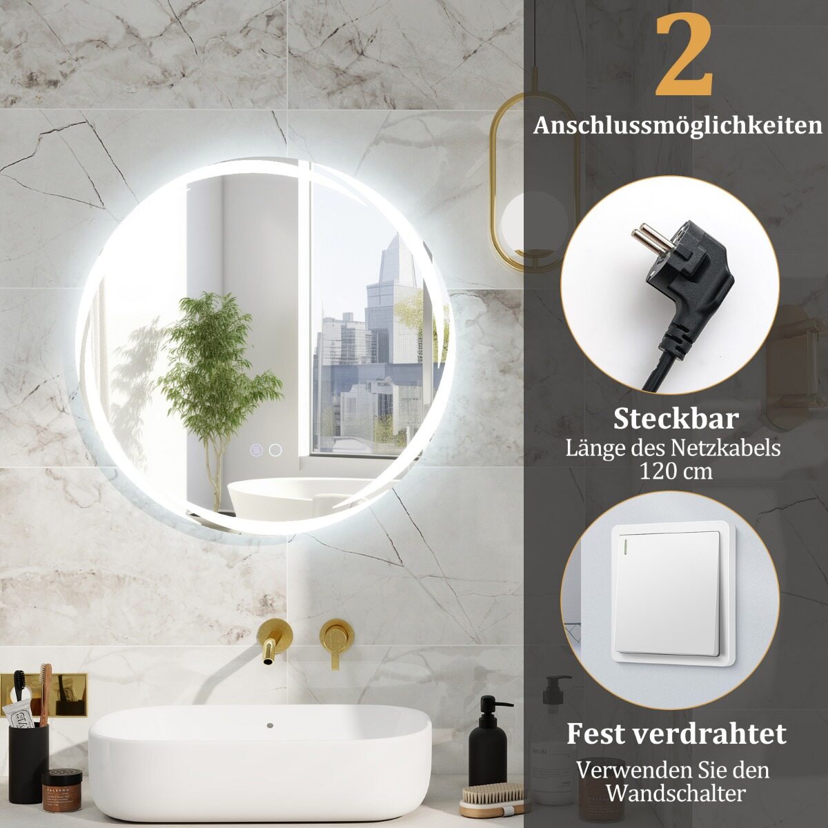 60x60cm vannitoapeegel 3 värvilise hämardatava tulega, puutetundliku lülitiga, uduvastane, LED-peegel