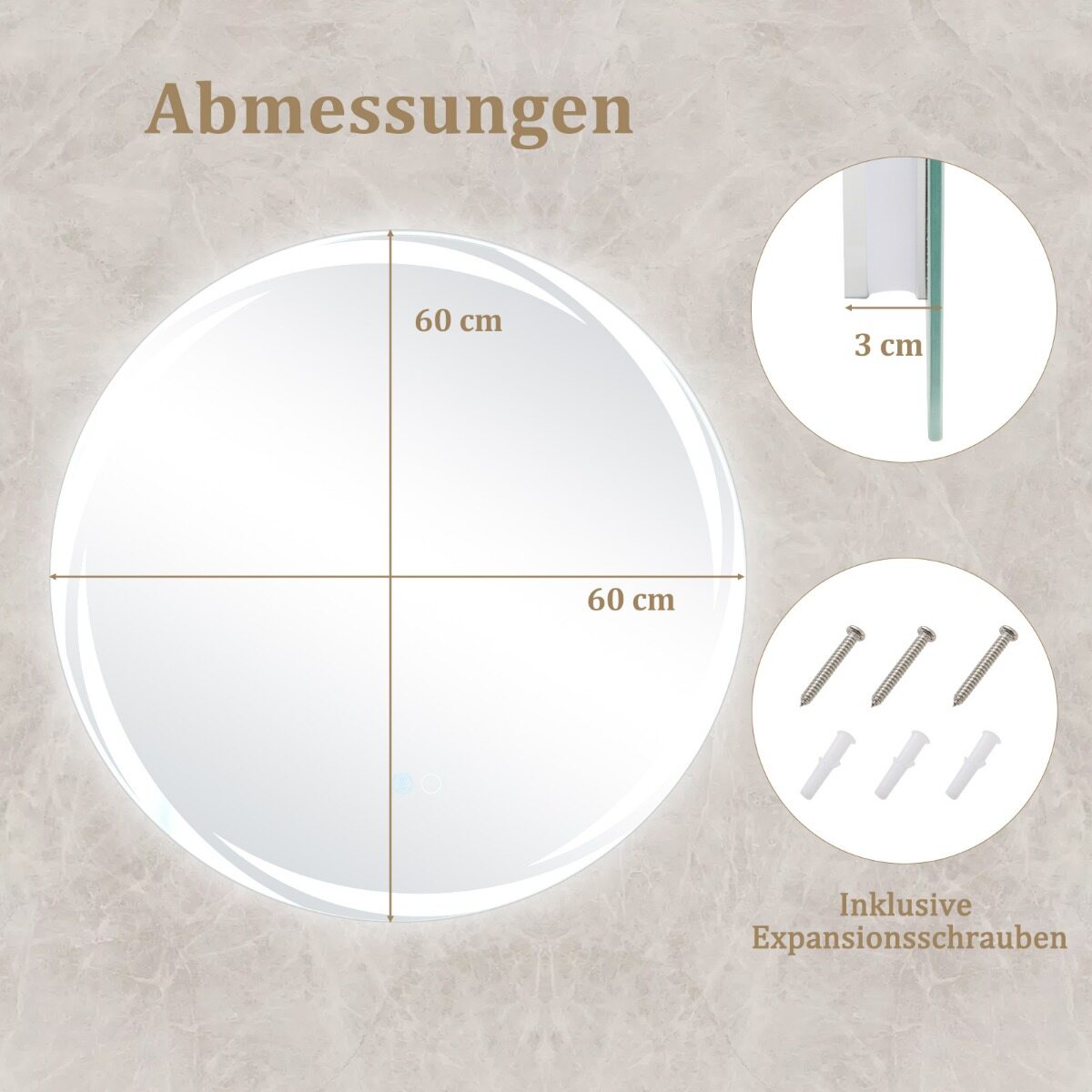 60x60cm vannitoapeegel 3 värvilise hämardatava tulega, puutetundliku lülitiga, uduvastane, LED-peegel