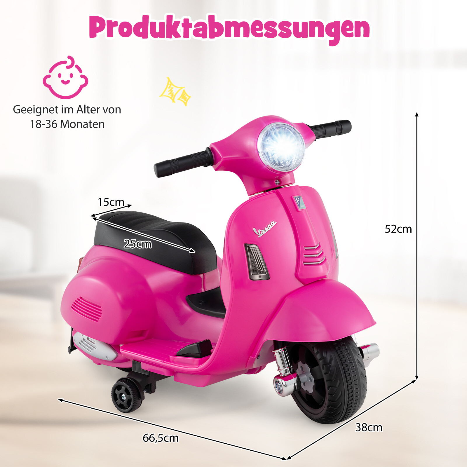 Litsentseeritud Vespa laste elektrimootorratas 6 V akutoitel mootorratas LED-esitulega roosa