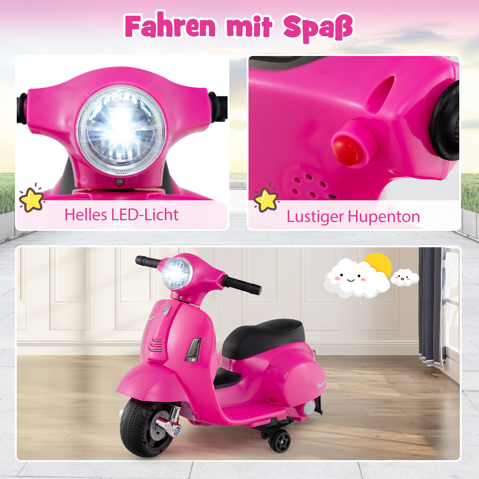 Litsentseeritud Vespa laste elektrimootorratas 6 V akutoitel mootorratas LED-esitulega roosa