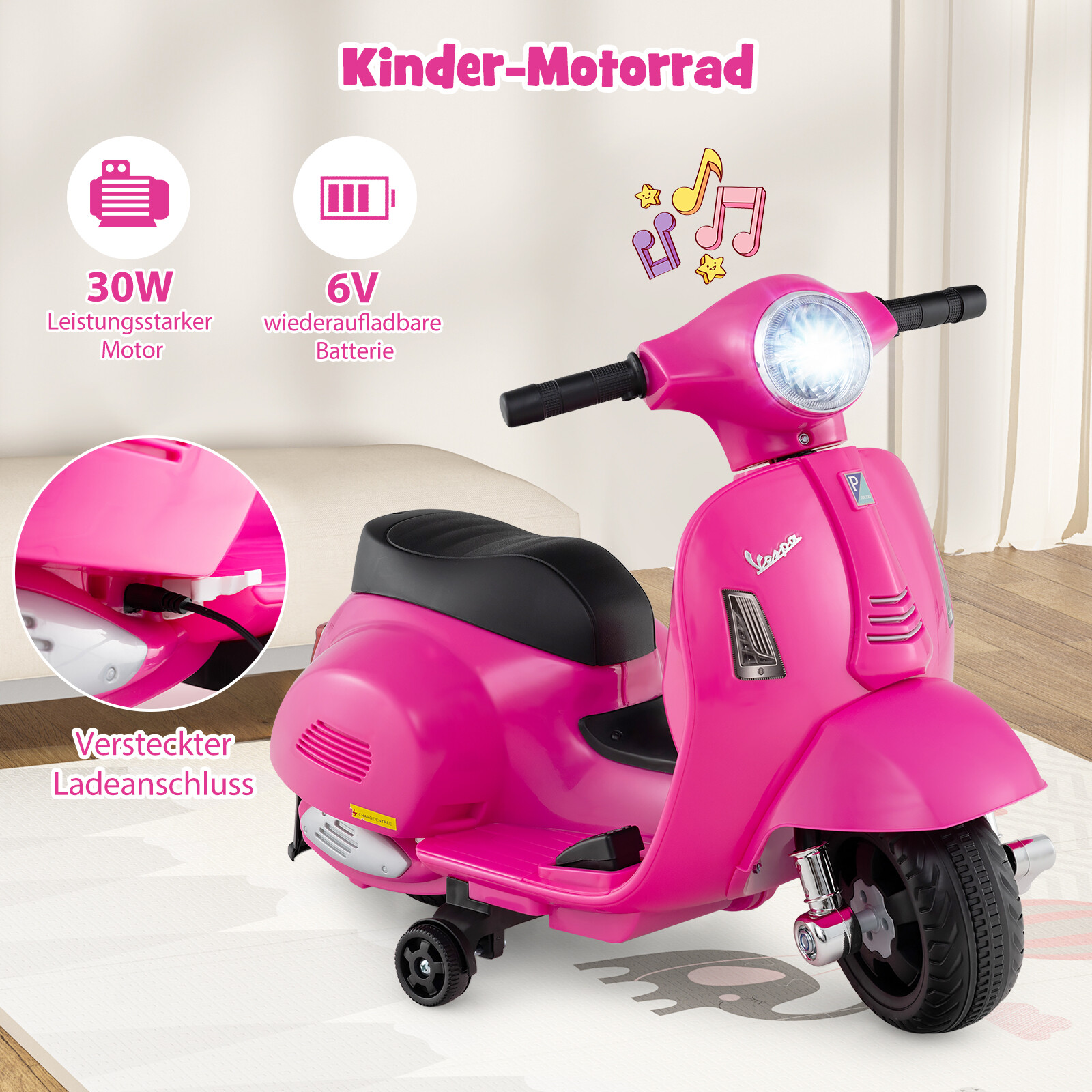 Litsentseeritud Vespa laste elektrimootorratas 6 V akutoitel mootorratas LED-esitulega roosa