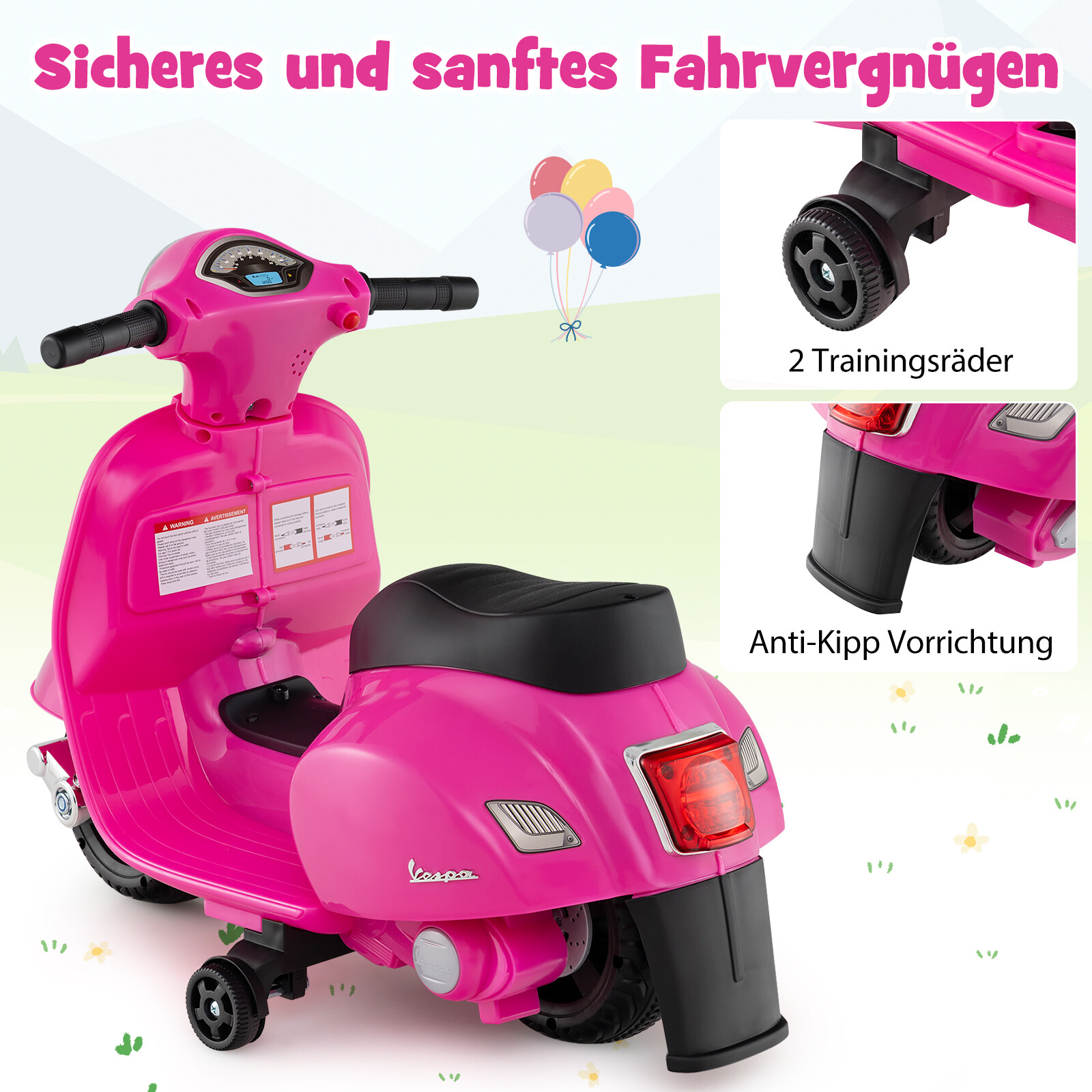 Litsentseeritud Vespa laste elektrimootorratas 6 V akutoitel mootorratas LED-esitulega roosa