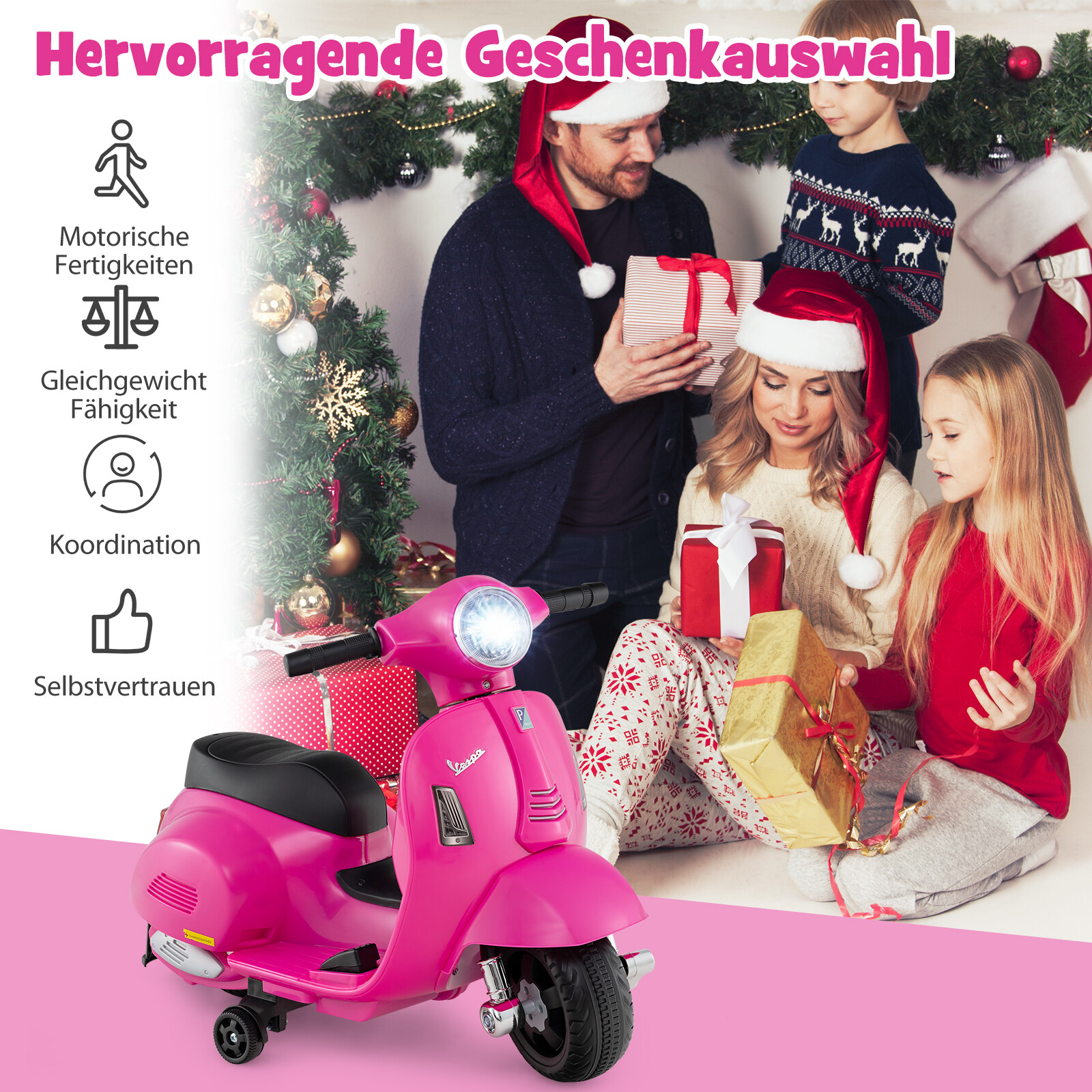 Litsentseeritud Vespa laste elektrimootorratas 6 V akutoitel mootorratas LED-esitulega roosa