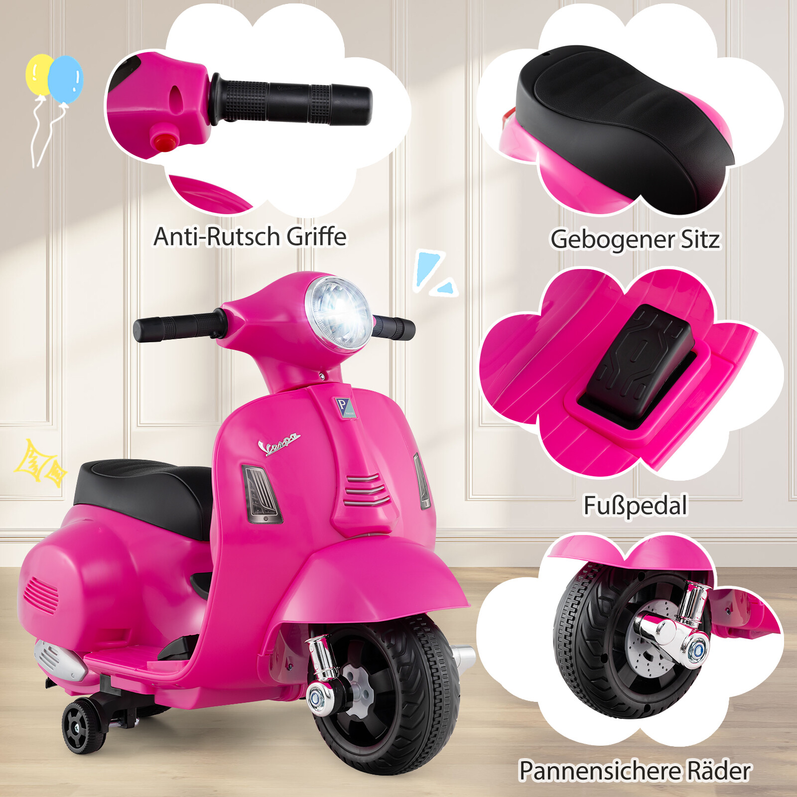 Litsentseeritud Vespa laste elektrimootorratas 6 V akutoitel mootorratas LED-esitulega roosa