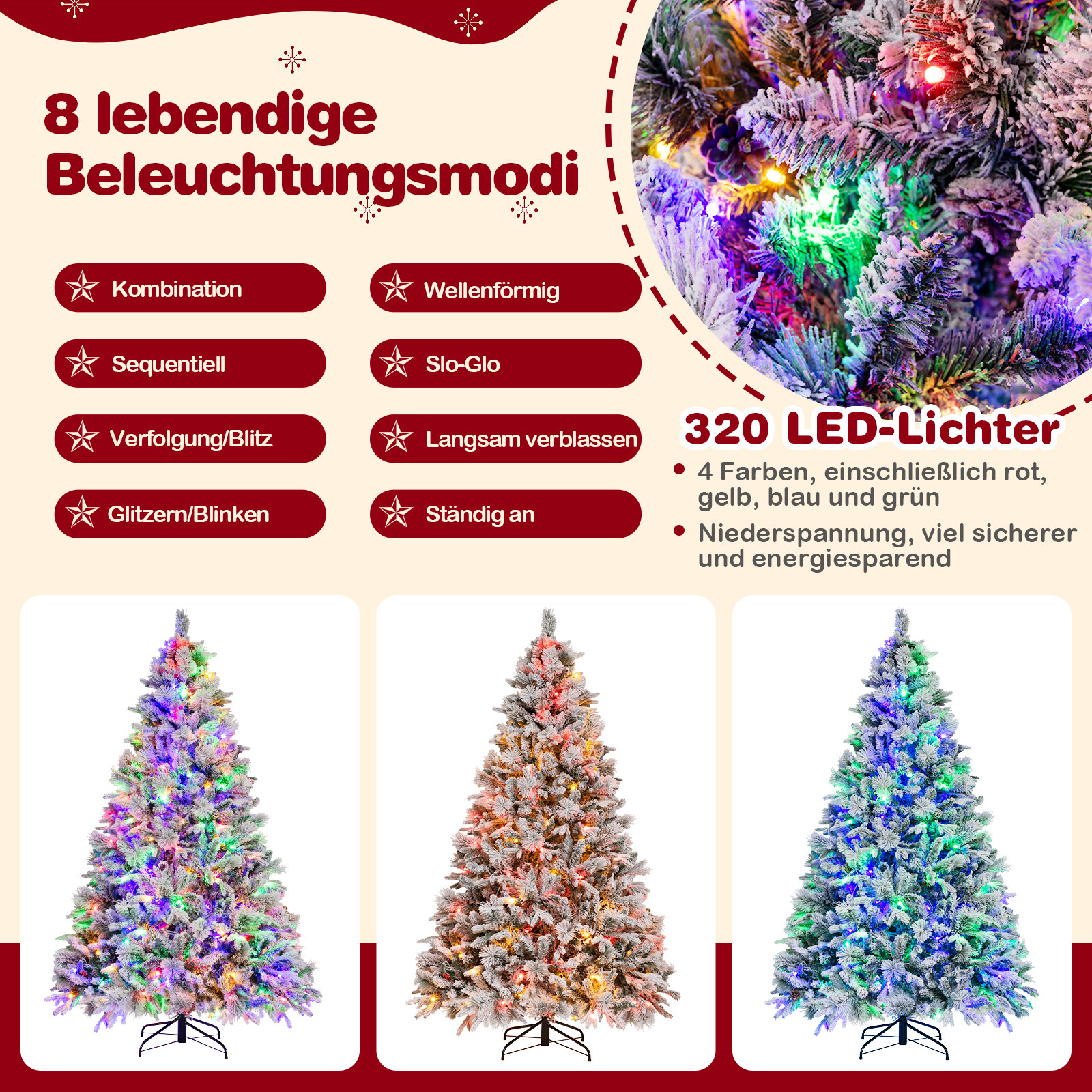 210 cm kunstkuusk lume, 8 valgusrežiimi ja 1270 PE PVC oksaotsaga