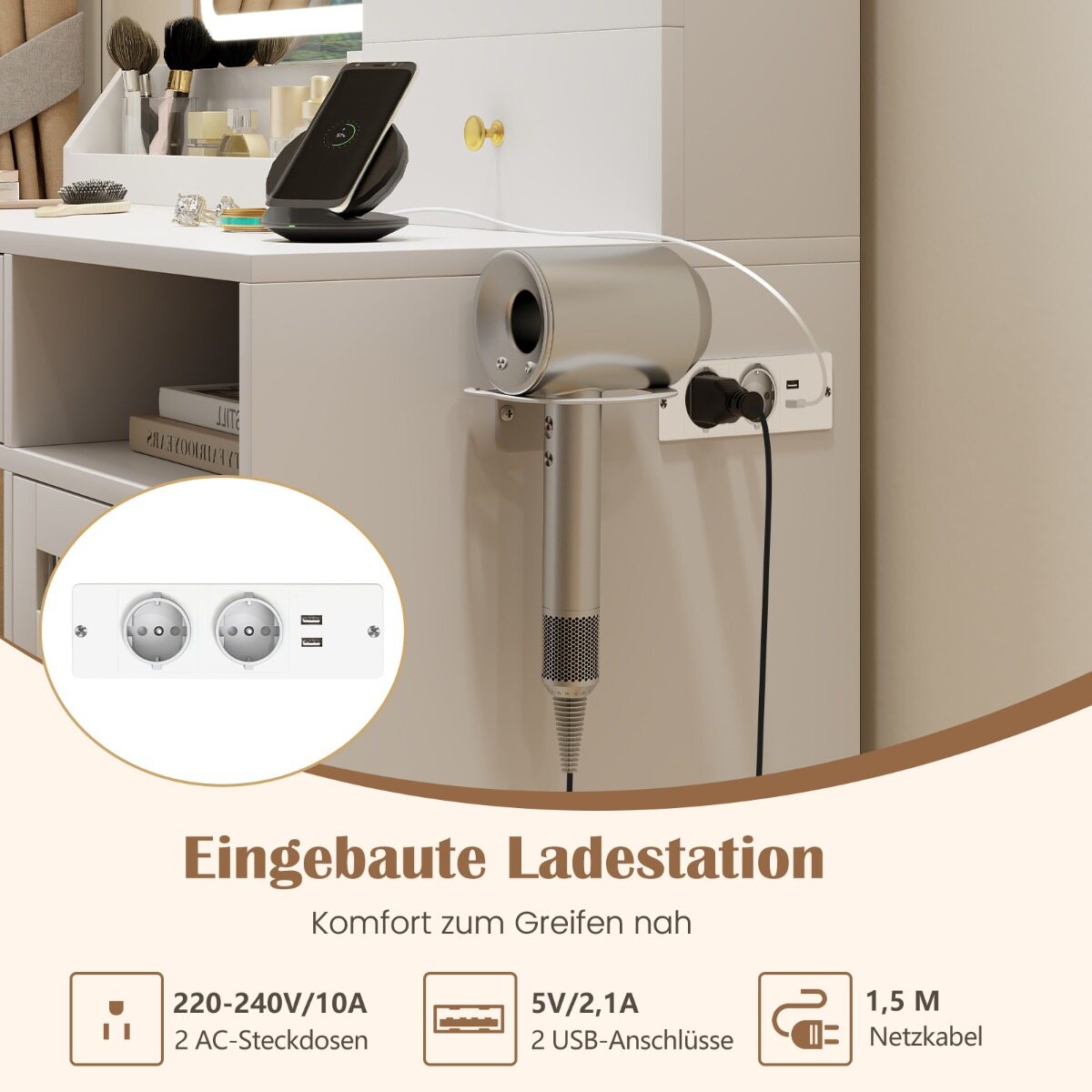 Tualettlaud LED-valgustuse ja laadimisjaamaga ning 3 sahtliga ehtekapp