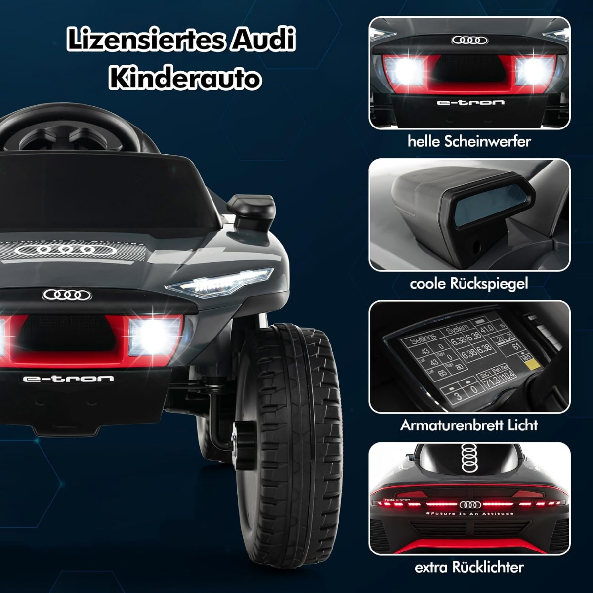Audi elektriauto lastele 12 V elektriline lasteauto puldi, LED-tulede ja 4 vedrustusega hall