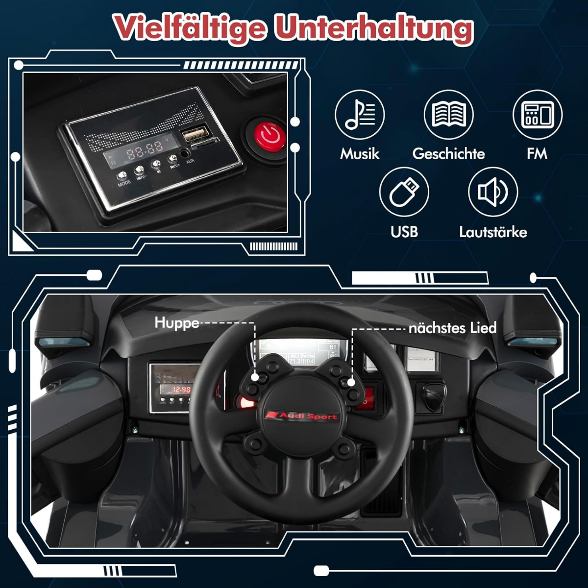 Audi elektriauto lastele 12 V elektriline lasteauto puldi, LED-tulede ja 4 vedrustusega hall