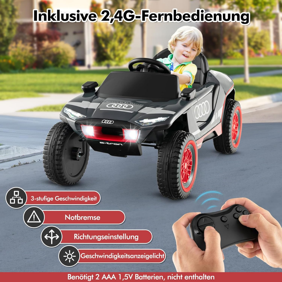 Audi elektriauto lastele 12 V elektriline lasteauto puldi, LED-tulede ja 4 vedrustusega hall