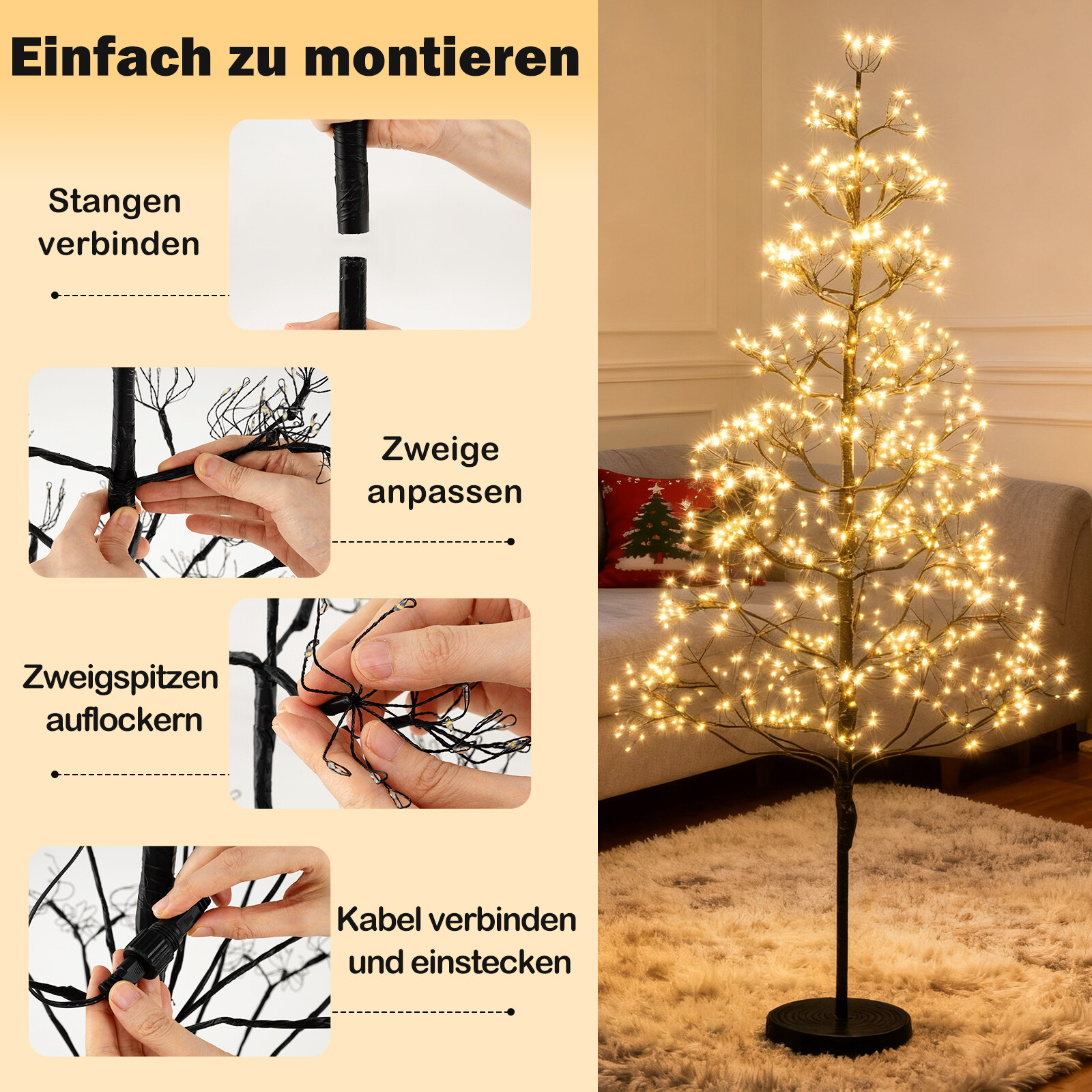 LED-valguspuu 150 cm valguspuu 1000 sooja valge tulega LED-puu sisevalgusti oksad betoonist alusega