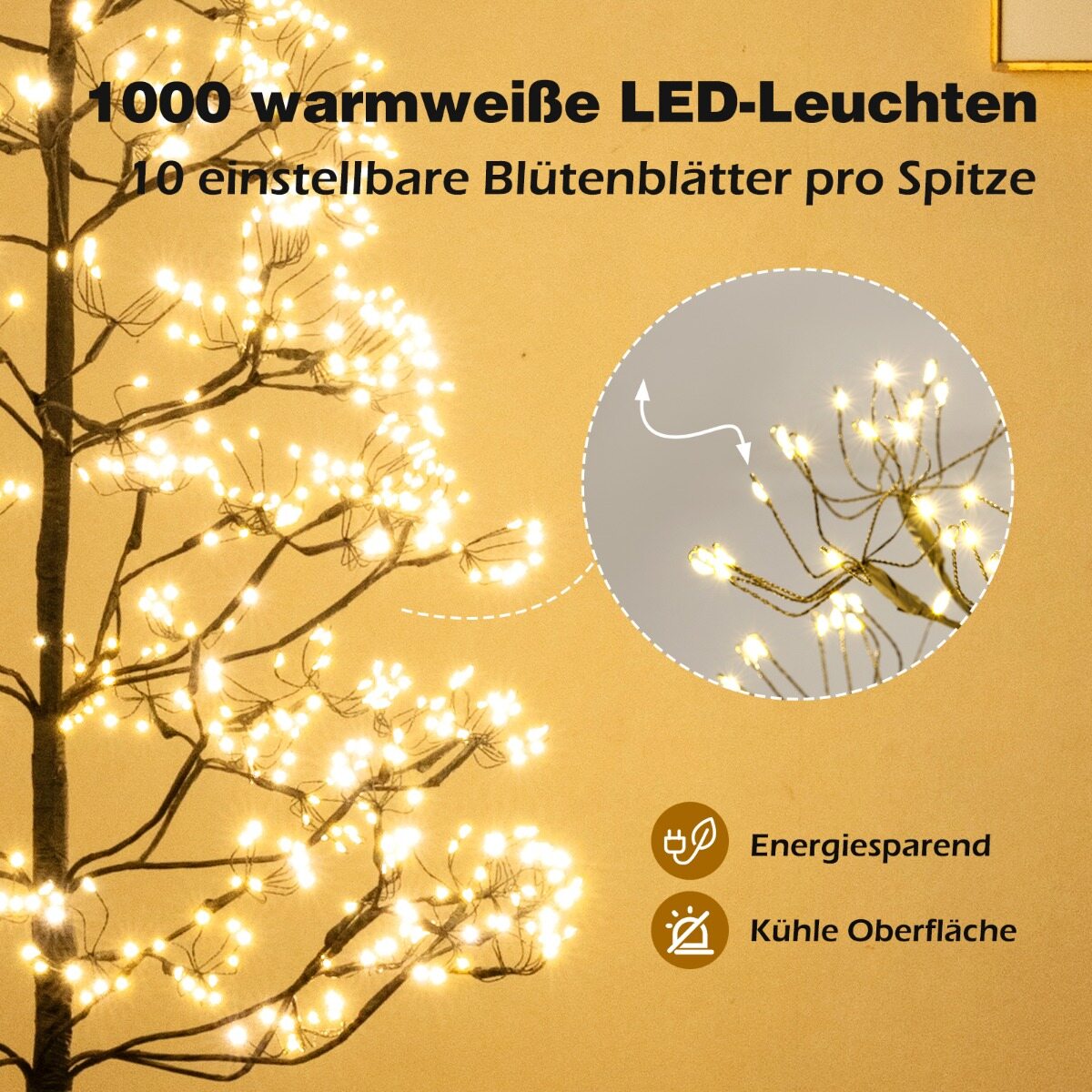 LED-valguspuu 150 cm valguspuu 1000 sooja valge tulega LED-puu sisevalgusti oksad betoonist alusega