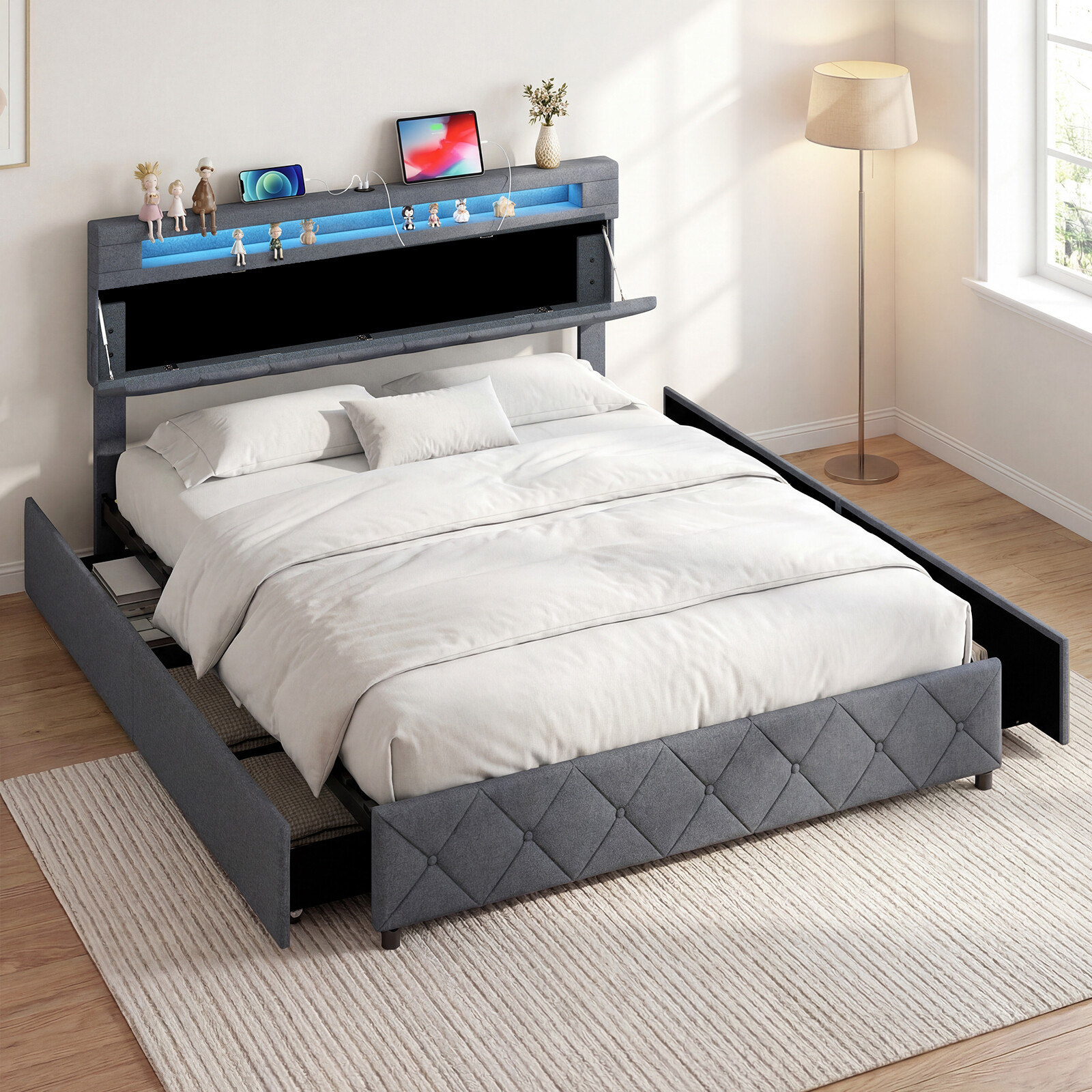Polsterdatud voodi 160 x 200 cm LED-valgustusega, laadimisjaam (2 USB-porti), kaheinimesevoodi raam sahtlitega, hall