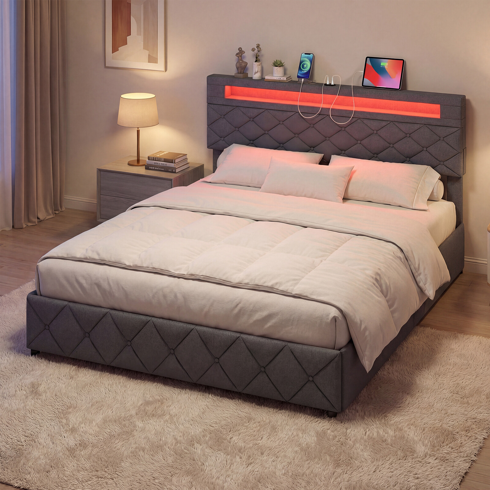 Polsterdatud voodi 160 x 200 cm LED-valgustusega, laadimisjaam (2 USB-porti), kaheinimesevoodi raam sahtlitega, hall