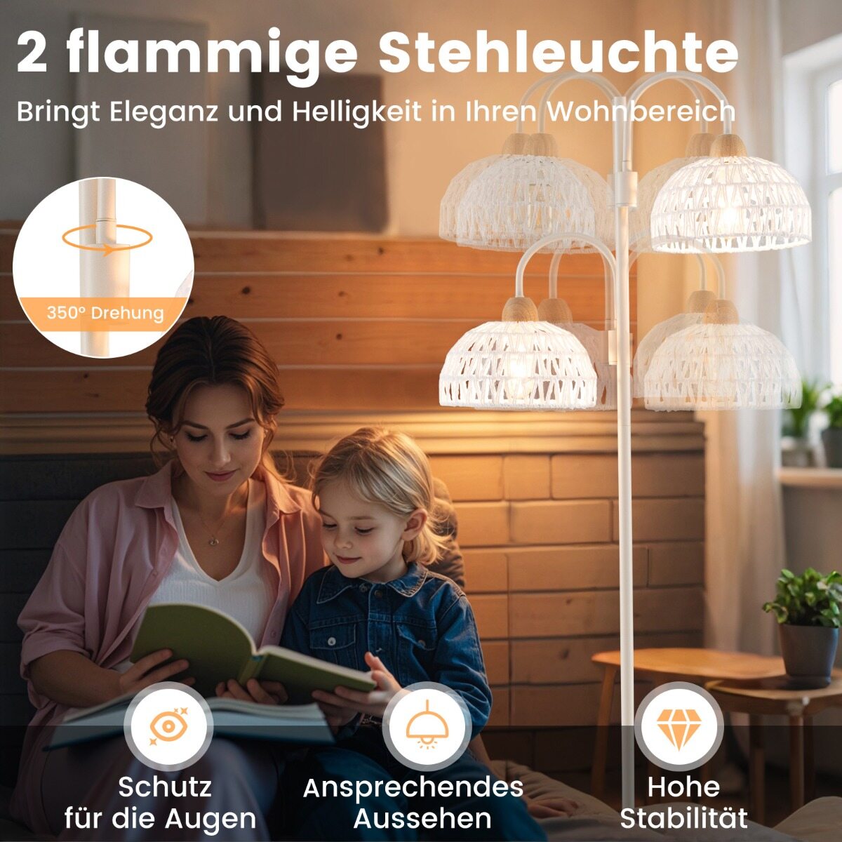 2-lambiline põrandalamp, 350° pööratav, puukujuline lamp jalalülitiga, punutud varjud ja 2 E27 pirnipesa, raske sokkel, valge