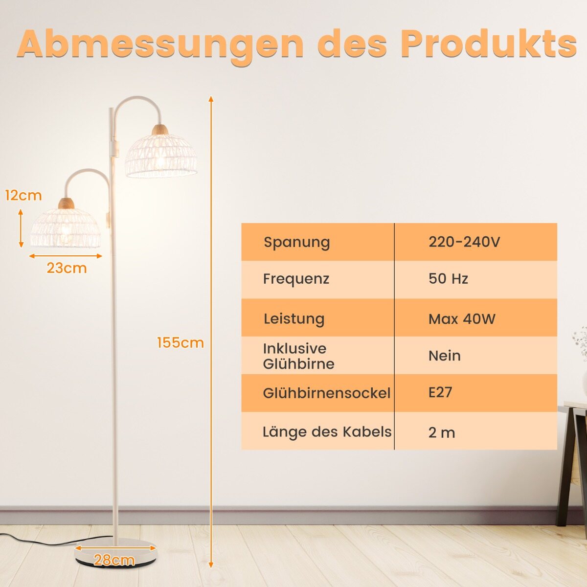 2-lambiline põrandalamp, 350° pööratav, puukujuline lamp jalalülitiga, punutud varjud ja 2 E27 pirnipesa, raske sokkel, valge