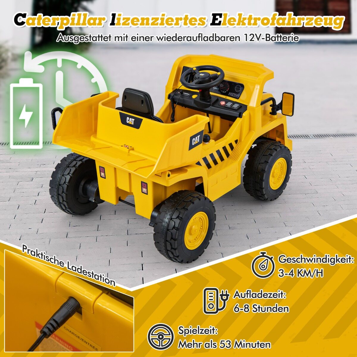 Laste Caterpillar elektriauto 12 V kallur istumiseks koos liivalabida, kallurkasti ja megafoniga